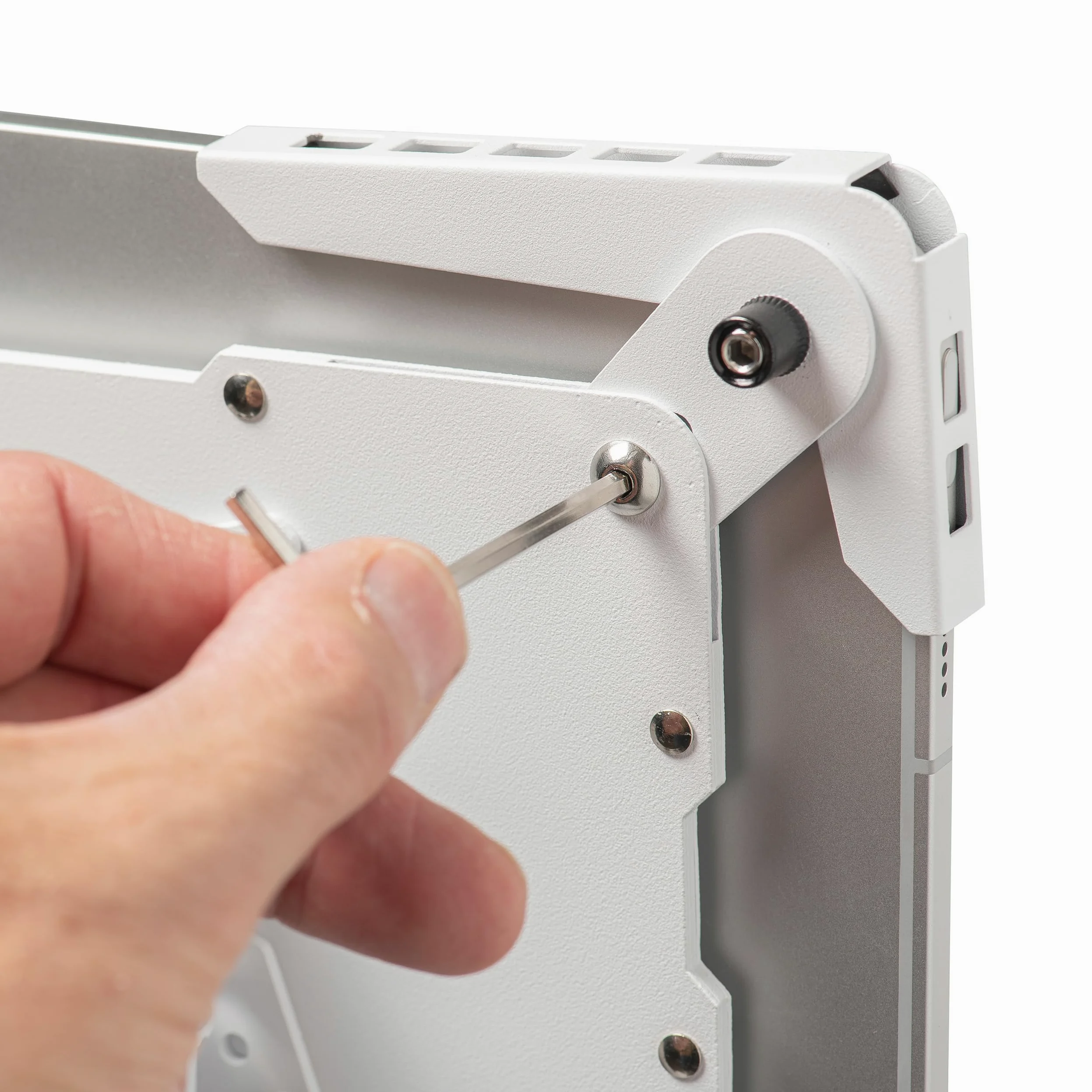 Supporto da pavimento universale per tablet regolabile 70–120 cm – per iPad e tablet 10–13 pollici – girevole, inclinabile, base stabile in metallo, gestione cavi, bianco
