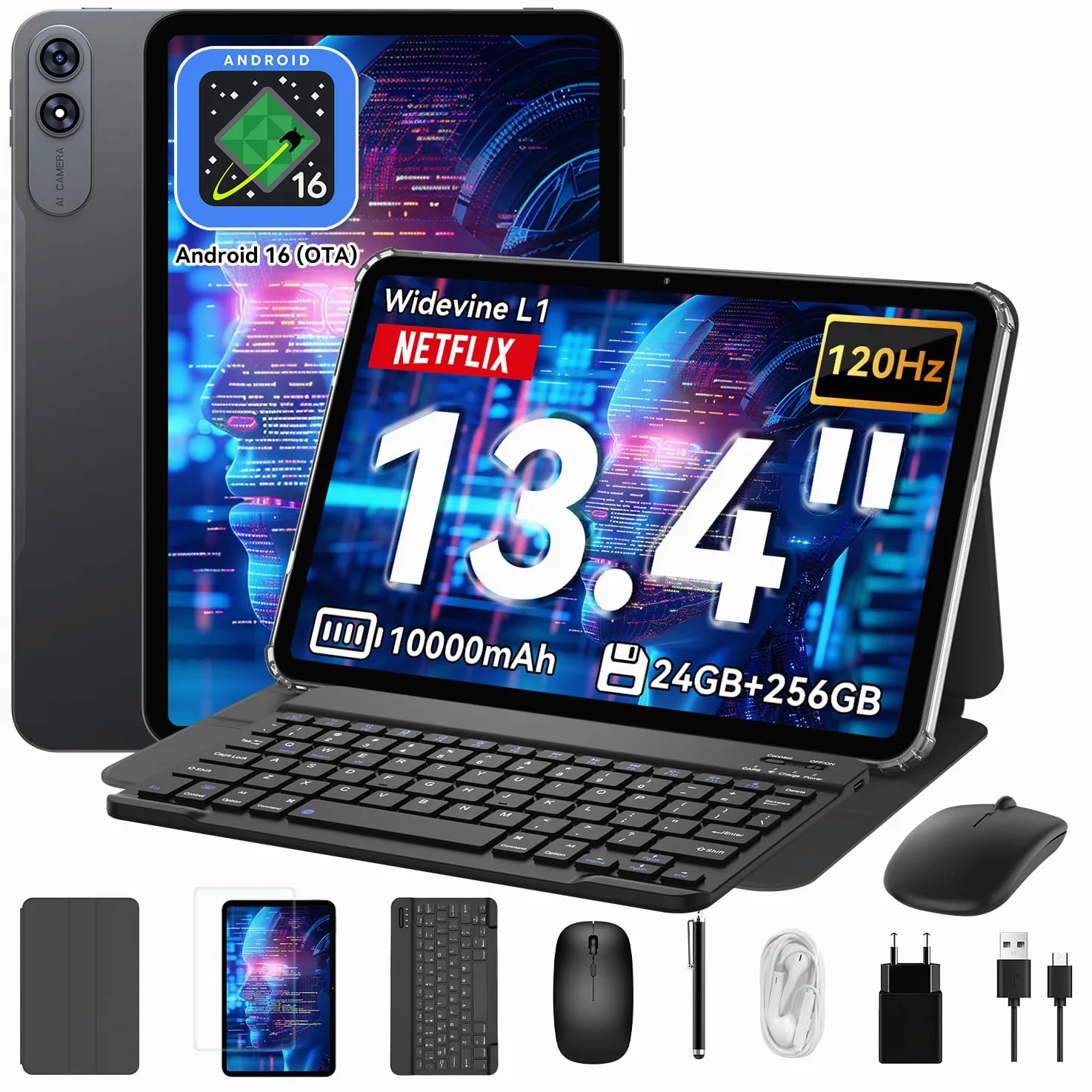 T60Pro Tablet 13,4 Pollici,Android 16 Tablet con Tastiera,120Hz Display,24GB RAM + 256GB ROM,10000mAh,WideVine L1/8MP+16MP/Gemini AI/Facciale ID/GPS,Octa-Core Tablets con Penna,Mouse, Garanzia 4 Anni