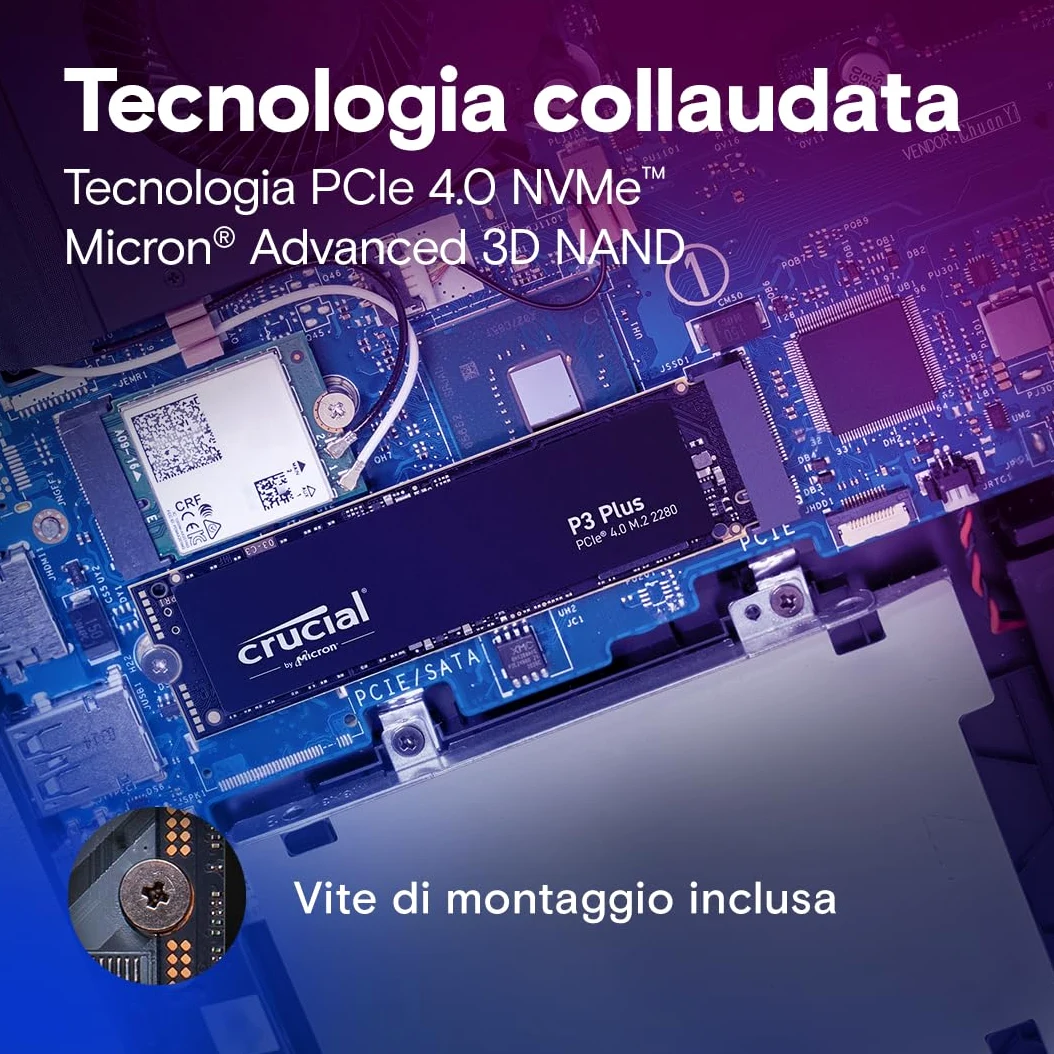 Crucial P3 Plus SSD 1TB PCIe Gen4 NVMe M.2 SSD Interno, Fino a 5.000 MB/s, Compatibile con Notebook e PC Desktop, Solid State Drive - CT1000P3PSSD801