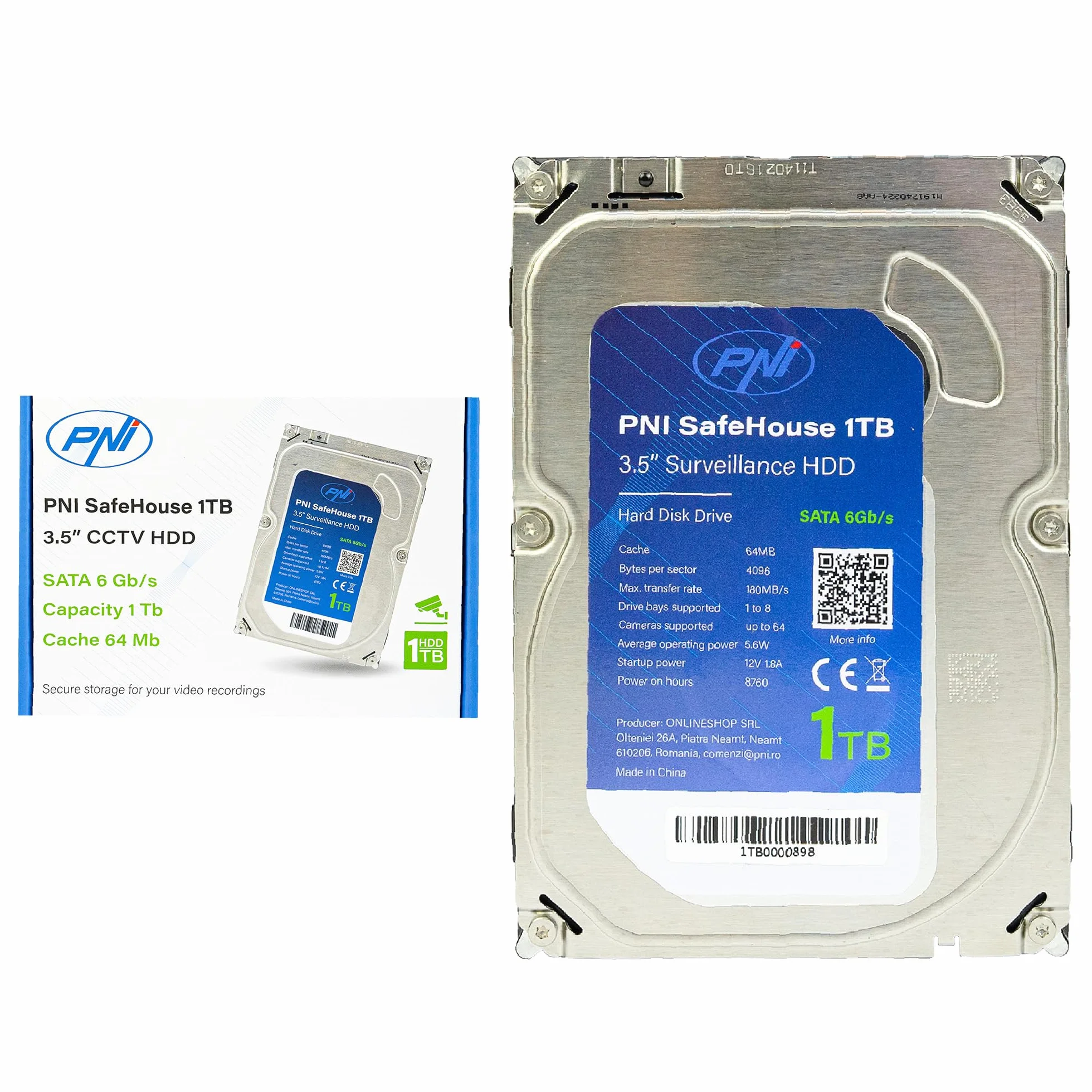 PNI Hard Disk interno SafeHouse 1TB, 3.5" HDD, CCTV, 64MB, per sistemi di sorveglianza