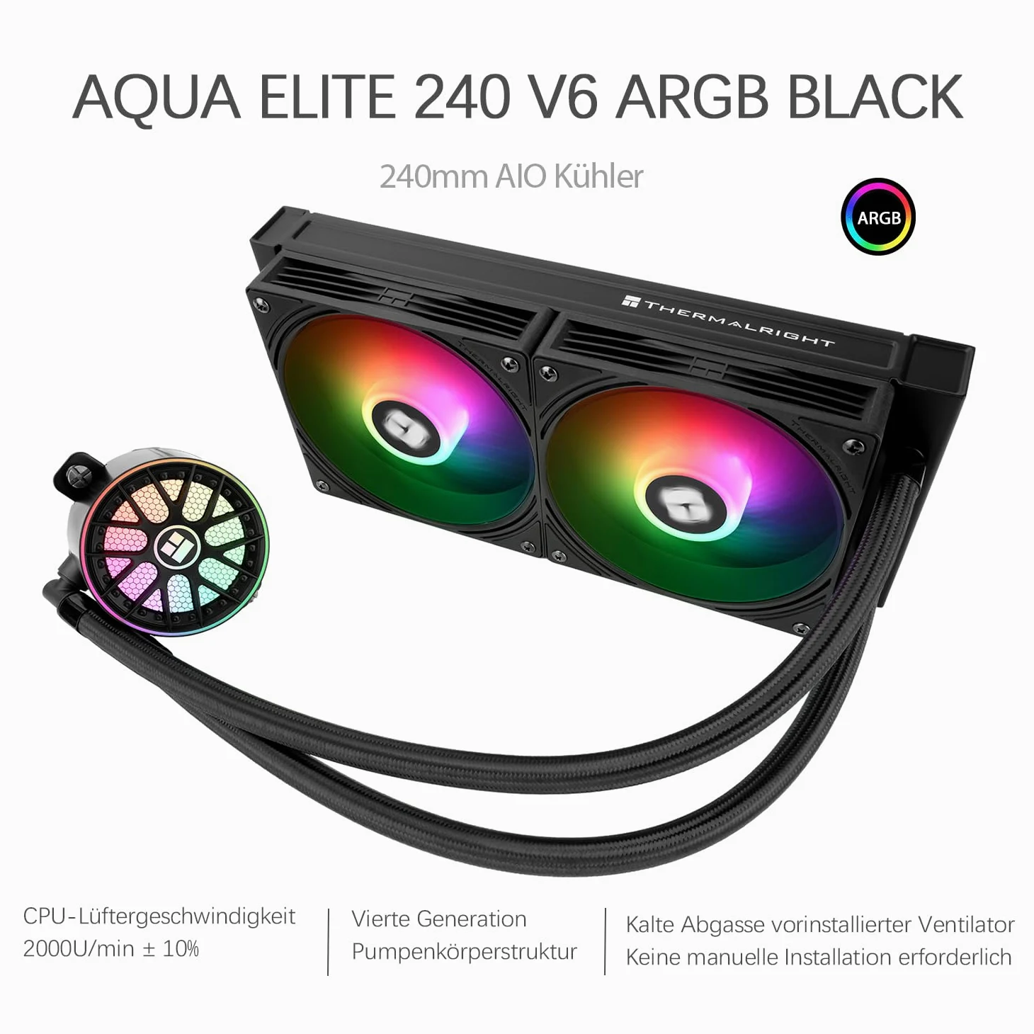 TR-Thermalright AQUA ELITE 240 V6 ARGB - Radiatore CPU liquido, 240mm Raffreddamento Aio, doppia ventola PWM ARGB, per AM4/AM5, Intel LGA1851/1700/115x/1200 (Nero)