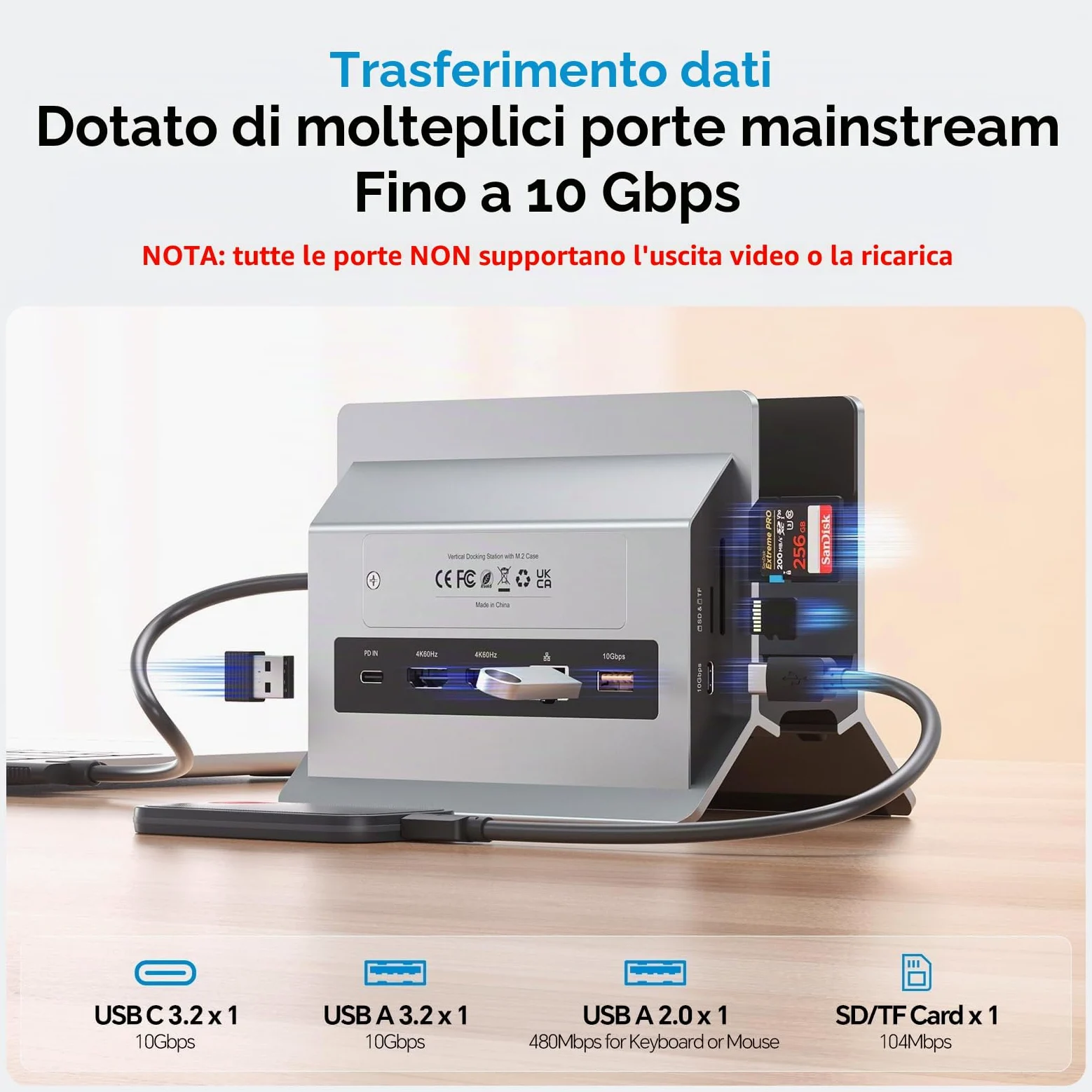MacBook Docking Station Dual Monitor, Docking Station USB C per laptop con 2 HDMI 4K@60Hz, USB A/C 10Gbps, PD, Ethernet, M.2 SSD Case, Vertical Dock Stand SD/TF per MacBook Pro Air M3 M4 M5
