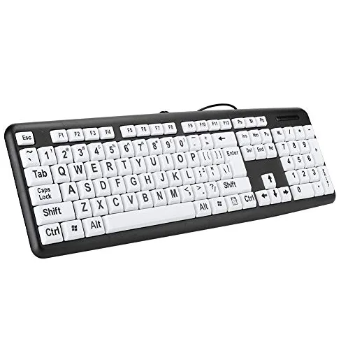 banapoy Tastiera per Computer con Stampa Grande, Tastiera USB Cablata Full Size a 104 Tasti con Tasti Bianchi con Stampa Grande per Anziani Ipovedenti Ipovedenti(Nero)