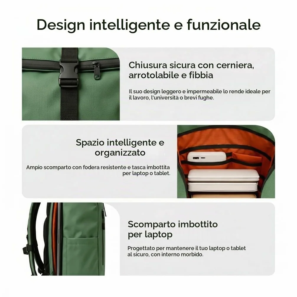 Zaino arrotolabile, impermeabile, espandibile, 20-25 l, con accesso rapido, portatile, casual, unisex, leggero, organizer, maniglia torlley, spallacci imbottiti, viaggi, lavoro, università, Verde