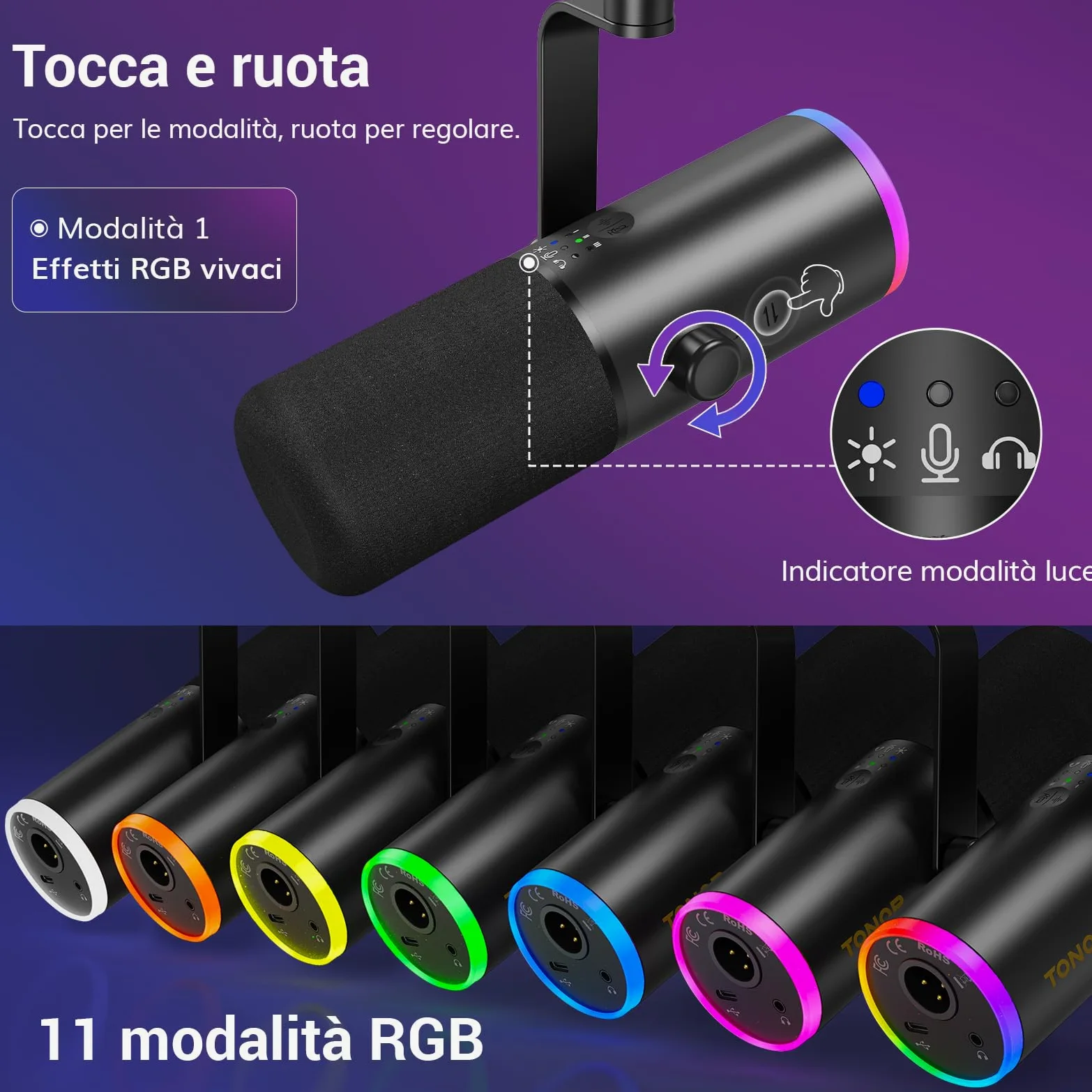 TONOR Microfono Gaming Dinamico per PC, Microfono Cardioide Streaming XLR/USB con Braccio per Podcasting/Studio, Cancellazione Rumore IA, RGB Controllabile, Jack Cuffie 3,5 mm, Nero, TD510 AIR H+