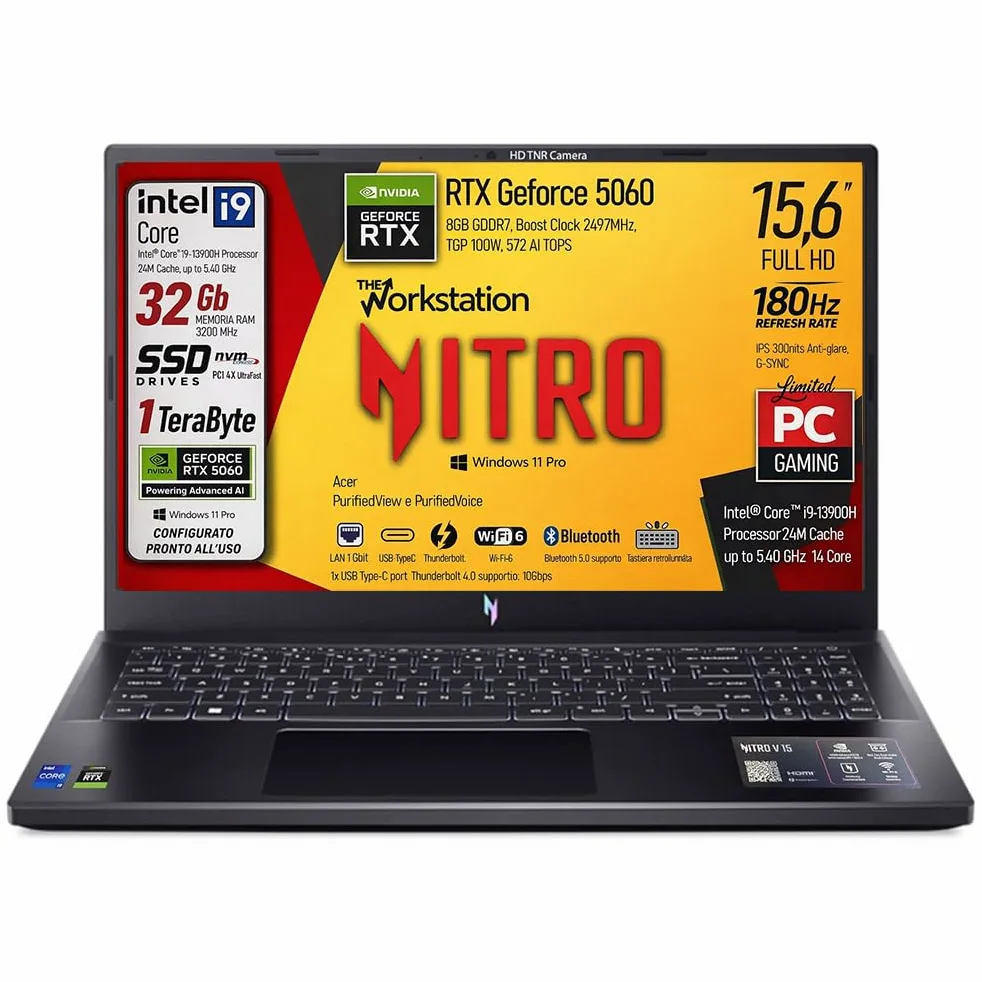 Acer Notebook Gaming Nitro, Intel Core i9-13900H, fino a 5,4GHz, NVIDIA GeForce RTX 5060 8Gb GDDR7, RAM 32Gb, SSD 1Tb, 15.6" FHD IPS 180Hz, Wi-Fi 6e, Thunderbolt 4.0, ready to use