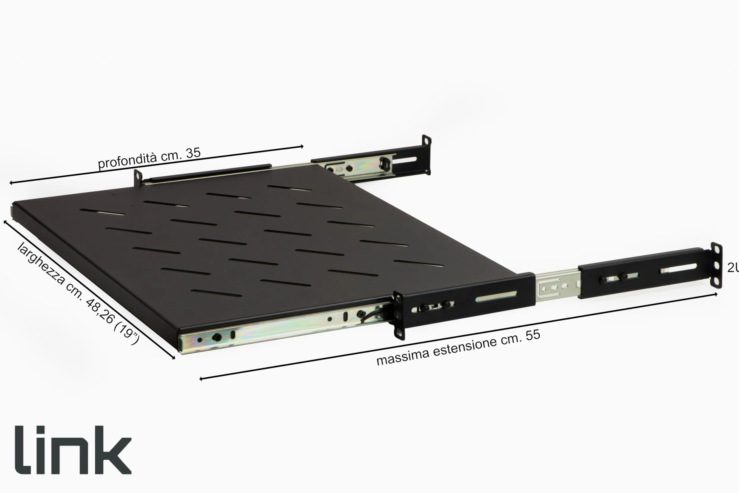 Link LKRIP350EN - Mensola Estraibile per Armadio Rack 19 Pollici Universale (48x35x4,5 cm, Nero RAL9005) – Acciaio Traforato per Ventilazione – Portata 40 kg e Kit Montaggio Incluso