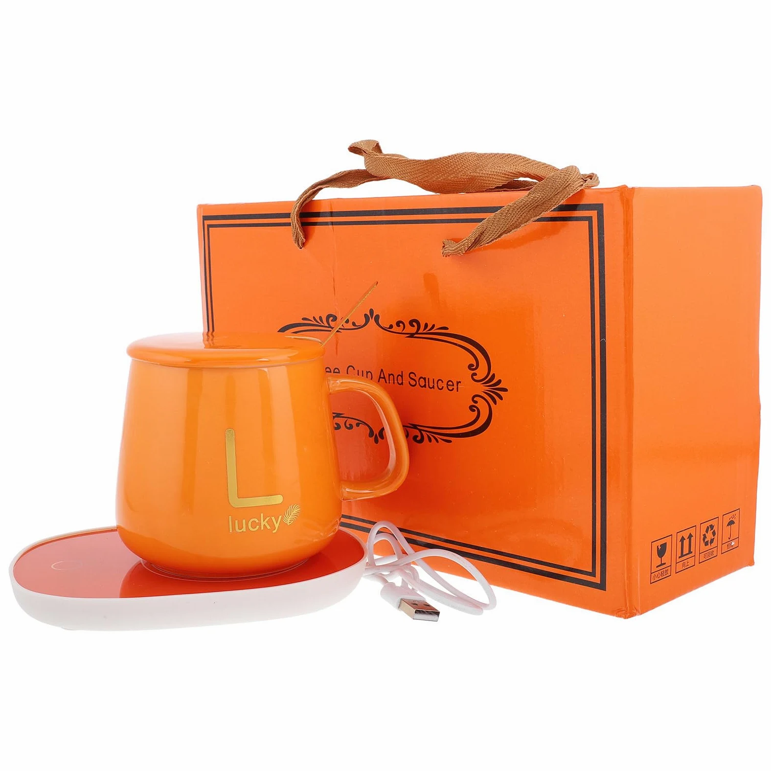 SHINEOFI Set Scaldatazze da Caffè Elettrico con Tazza Termica Arancione Coperchio e Cucchiaio Riscaldamento USB 5V per Casa e Ufficio Tazza Riscaldante Multifunzione per Tè e Latte