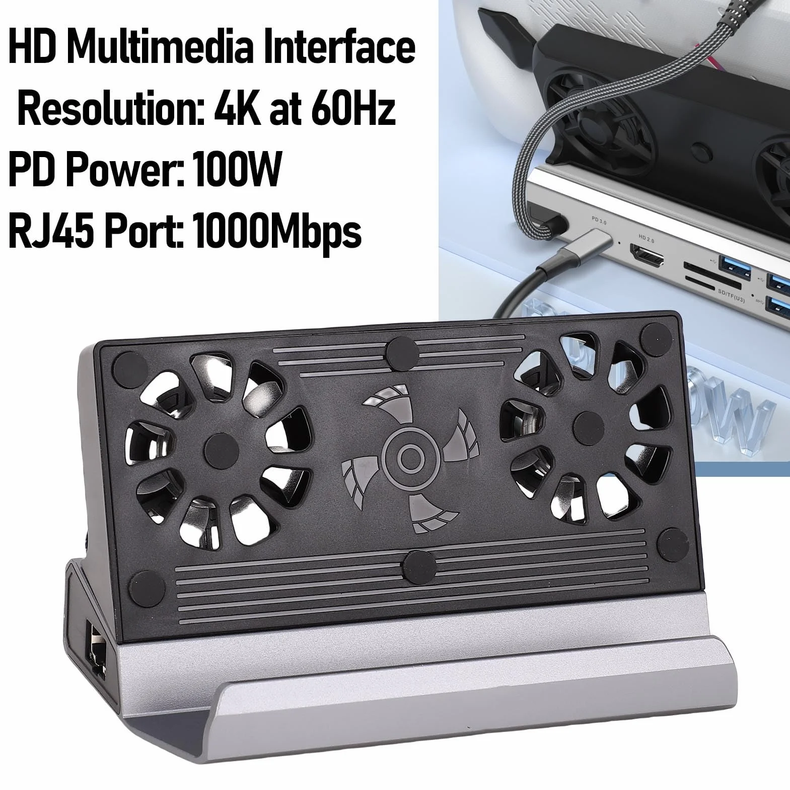Sorandy Docking Station per Laptop Doppie Ventole di Raffreddamento Integrate, 4K a 60 Hz, Hub USB C 9 in 1, PD 100 W, 3 USB 3.0, 2.0, 1000 Mbps, Adatto per Console di Gioco