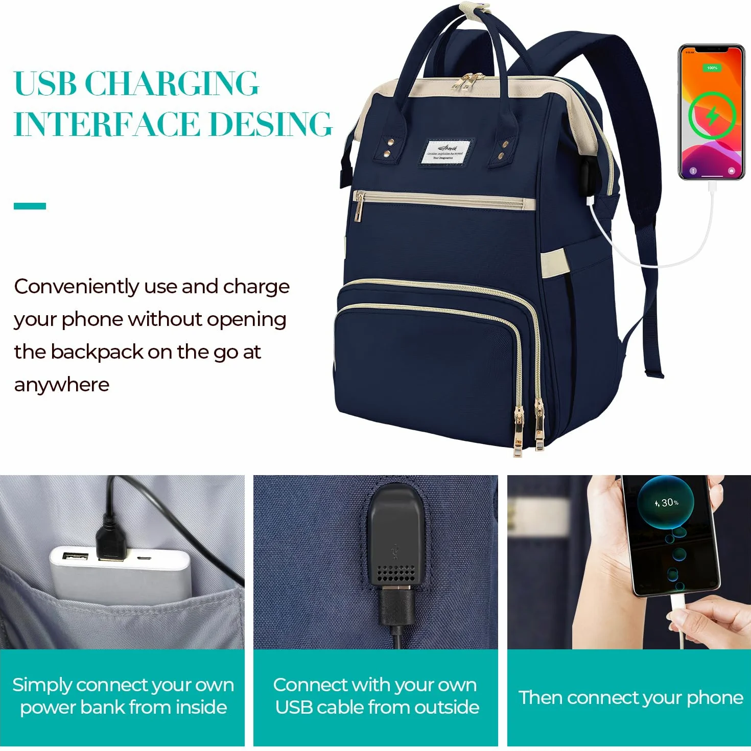 Zaino per il pranzo da uomo, zaino per laptop da 15.6 pollici con porta USB, borsa per laptop per scuola universitaria, insegnante, infermiera, lavoro, viaggi, blu