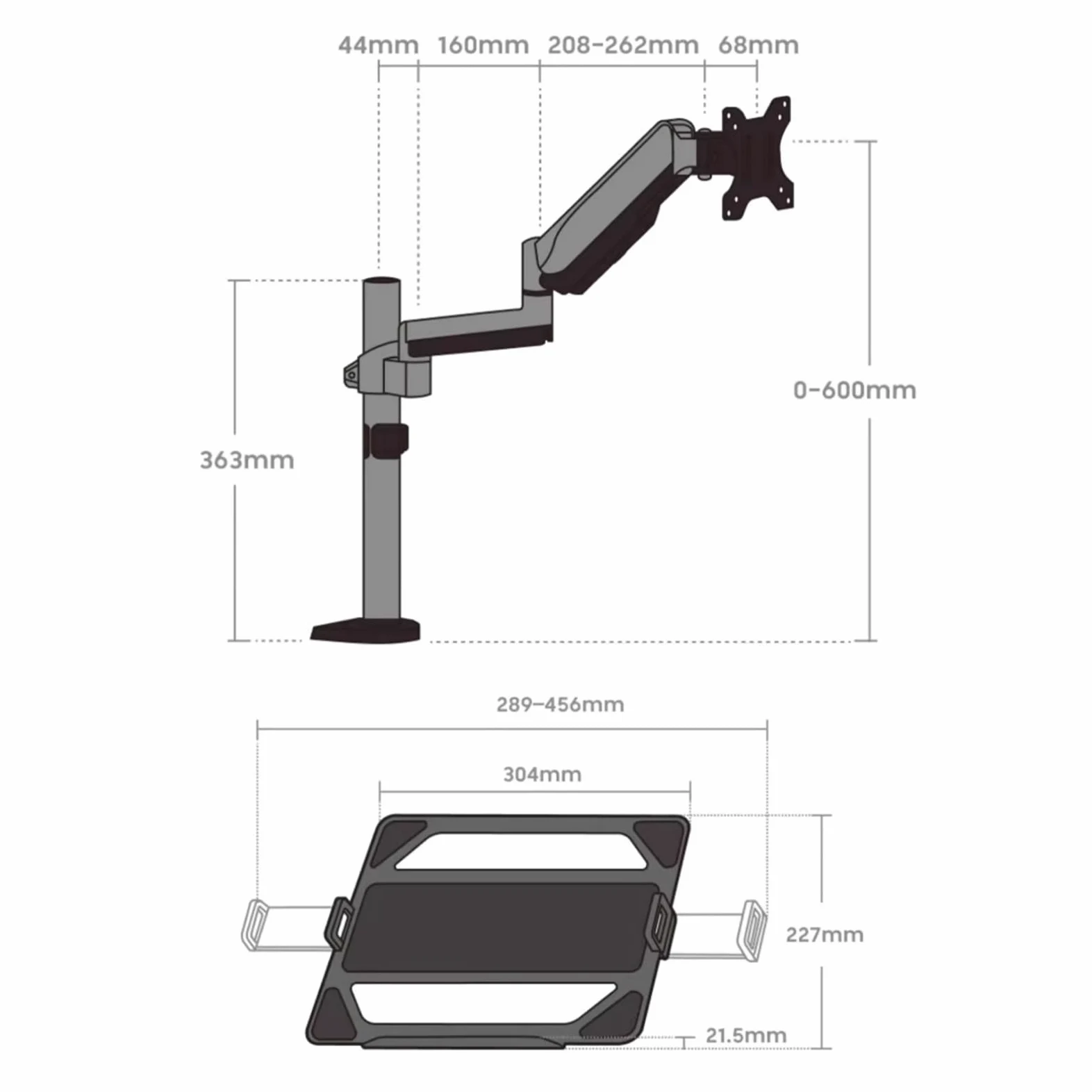 Supporto da scrivania per monitor Supporto da scrivania for laptop 2 in 1 con vassoio for monitor da 17-32" e laptop da 12-17", supporta 19,8 libbre, braccio da scrivania for laptop completamente rego