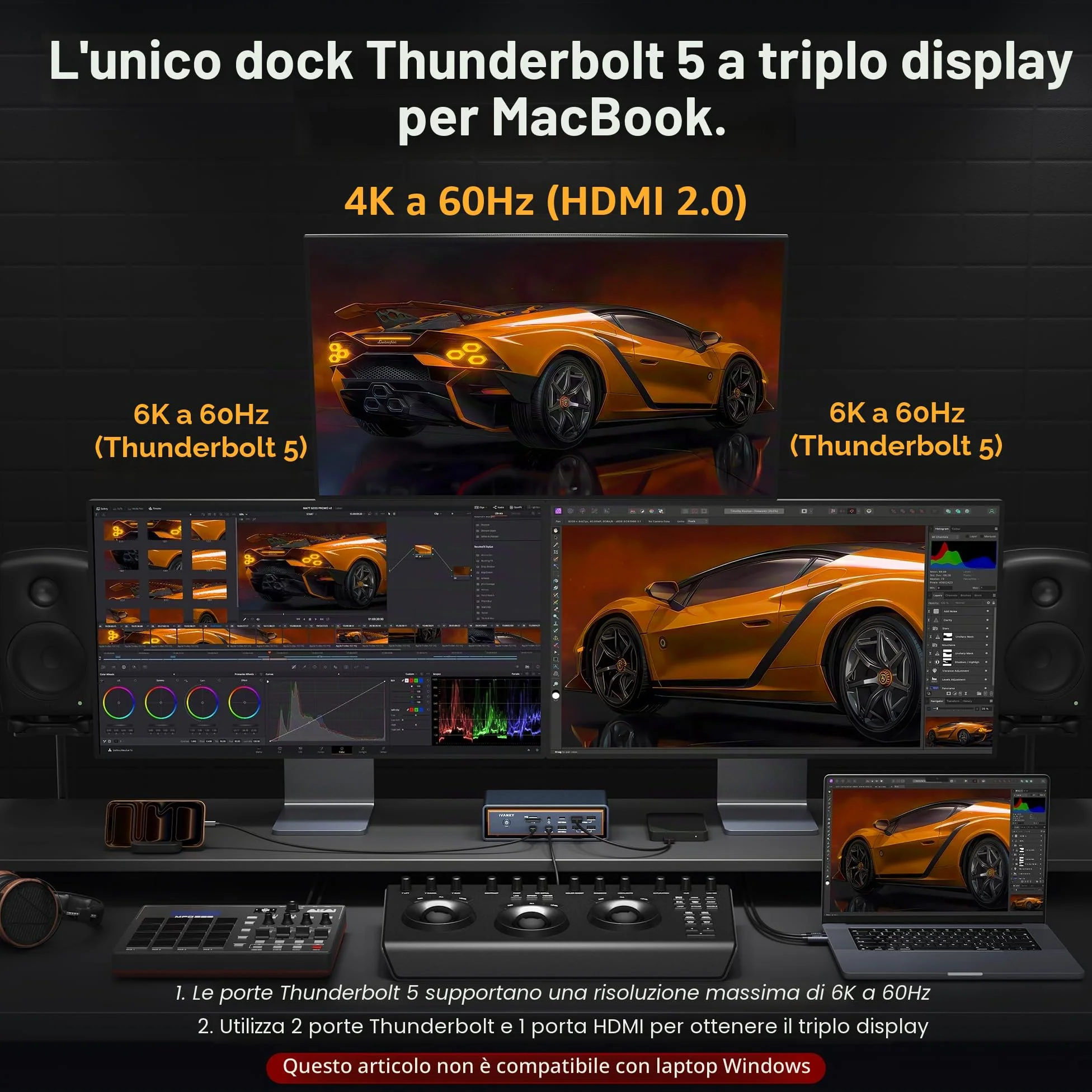 iVANKY 23-in-1 FusionDock Max 2 per 120Gbps Thunderbolt 5, Stazione di Docking Triple Monitor, 6K@60Hz Dock per MacBook M1/M2/M3/M4/M5 Pro/Max,HDMI 2.0, 140W PD, 10Gbps USB, 2,5 GbE, SD/TF 4.0