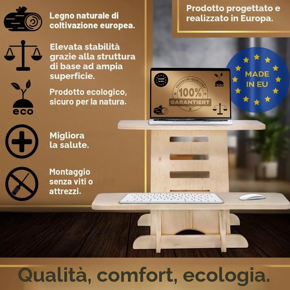 Supporto per computer portatile in legno, con supporto e scrivania in piedi, prodotto in UE