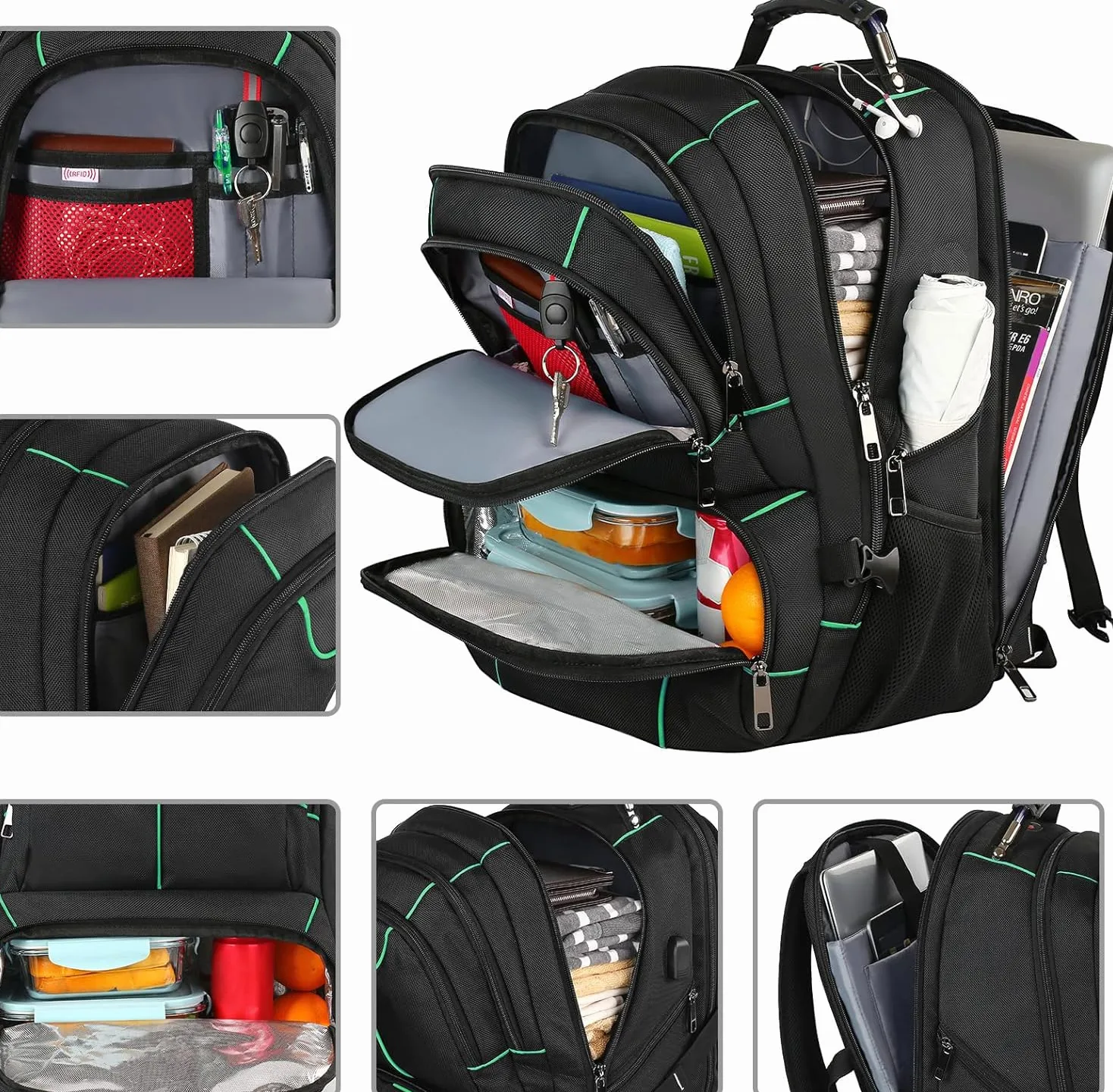 VECKUSON Zaino per computer portatile, 15,6 pollici, verde, unisex, impermeabile, porta di ricarica USB, isolato, approvato TSA, antifurto, tessuto in nylon poliestere resistente