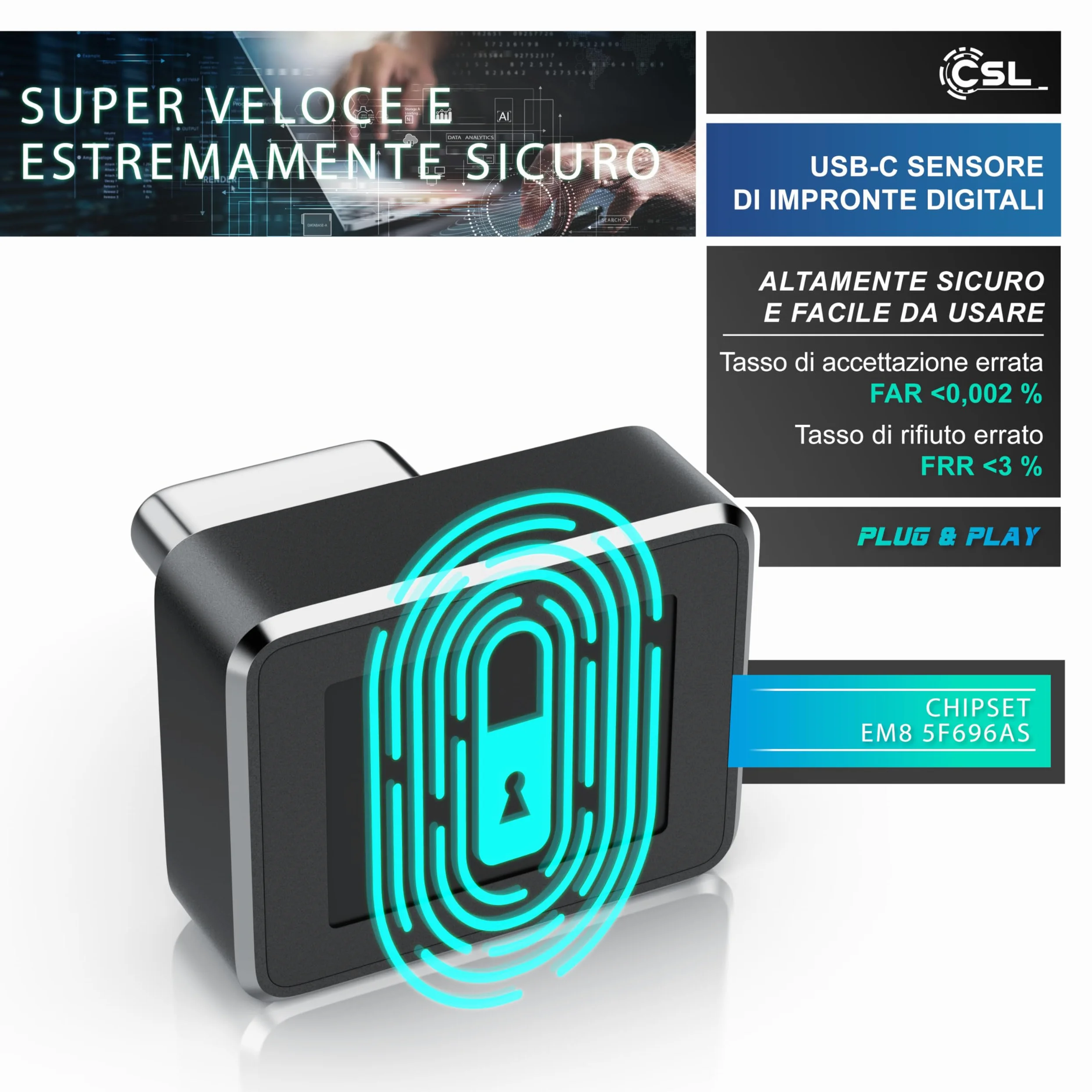 CSL - Chiavetta USB-C con Lettore di Impronte Digitali, Lettore di Impronte digitali USB per Windows10/11, Supporta Fino a 10 ID, Plug & Play, Riconoscimento a 360°, Accesso Biometrico per Laptop