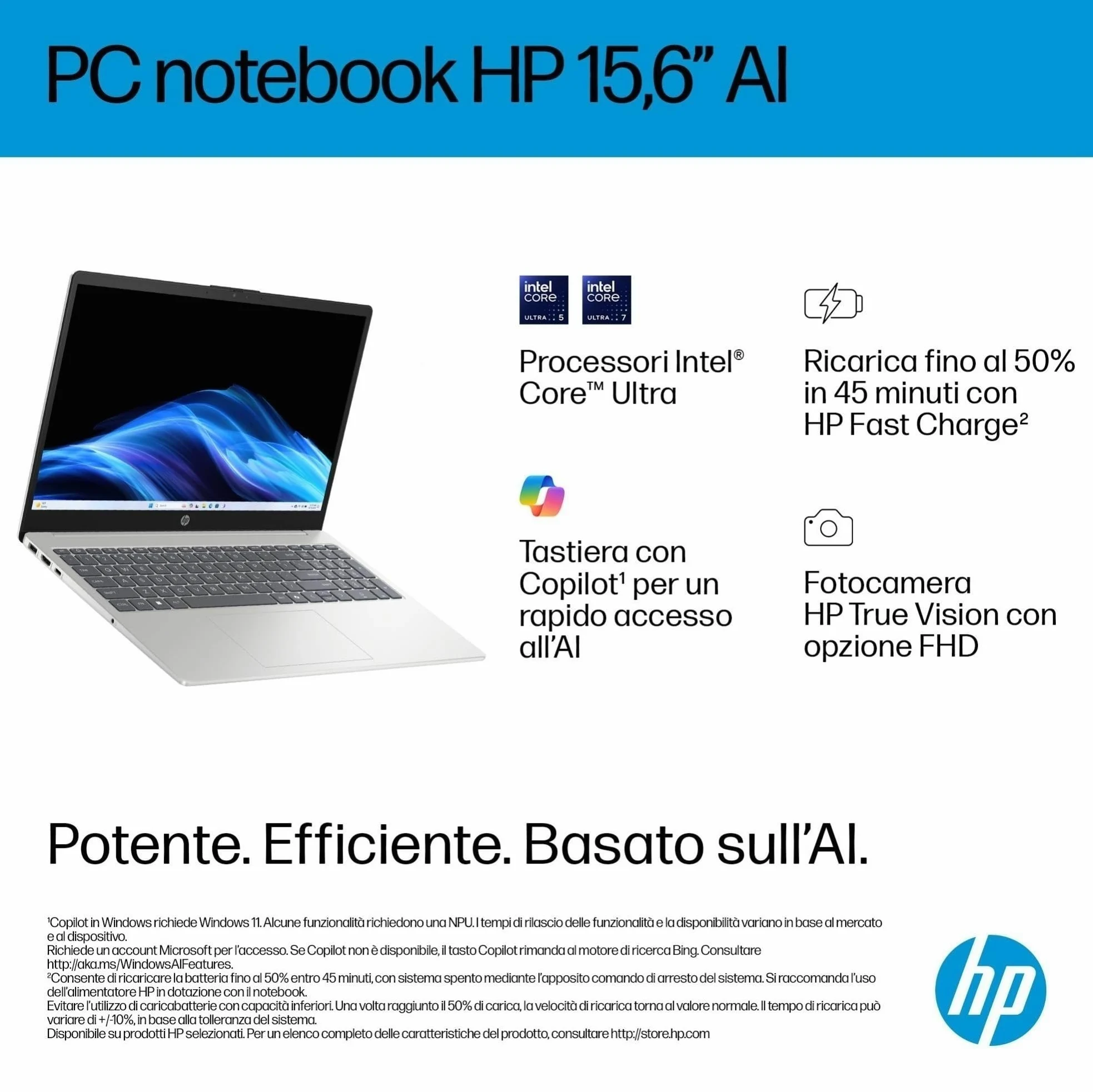 HP Laptop 15-fd2005sl, PC Portatile 15", Display FHD, Notebook, (Intel Core Ultra 5 225U, RAM 24GB, SSD 1TB, Windows 11), Computer Portatile, Uso quotidiano, Tastiera Italiana, QWERTY, Argento