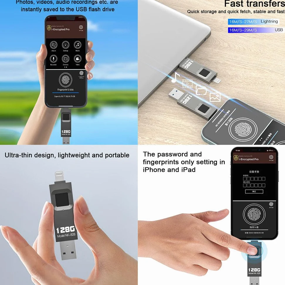 Chiavetta USB ad Alta velocità con crittografia delle Impronte digitali, Dispositivo di archiviazione antifurto in Metallo, 64 ID di Impronte digitali consentiti 256GB