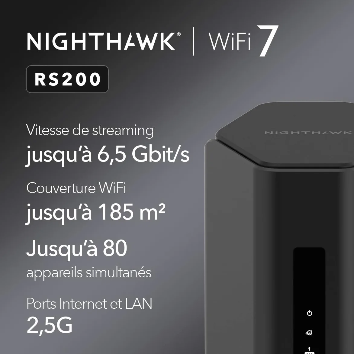 NETGEAR Router WiFi 7 dual band Nighthawk (RS200) - funzioni di sicurezza, velocità Wireless BE6500 (fino a 6,5 Gbps) - copre fino a 185 m2, 80 dispositivi - porta Internet da 2,5 GB