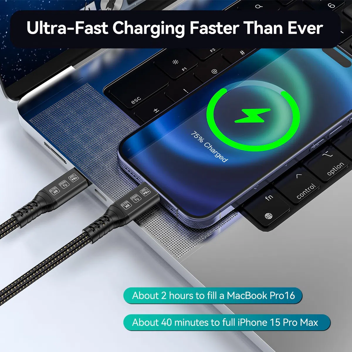 Cavo Thunderbolt 4 40Gbps 1m Supporta 8K@60Hz/4K@120Hz Video Compatibile con Thunderbolt 3/USB4 per iPhone 15 Pro Max, MacBook, Mac Studio Display
