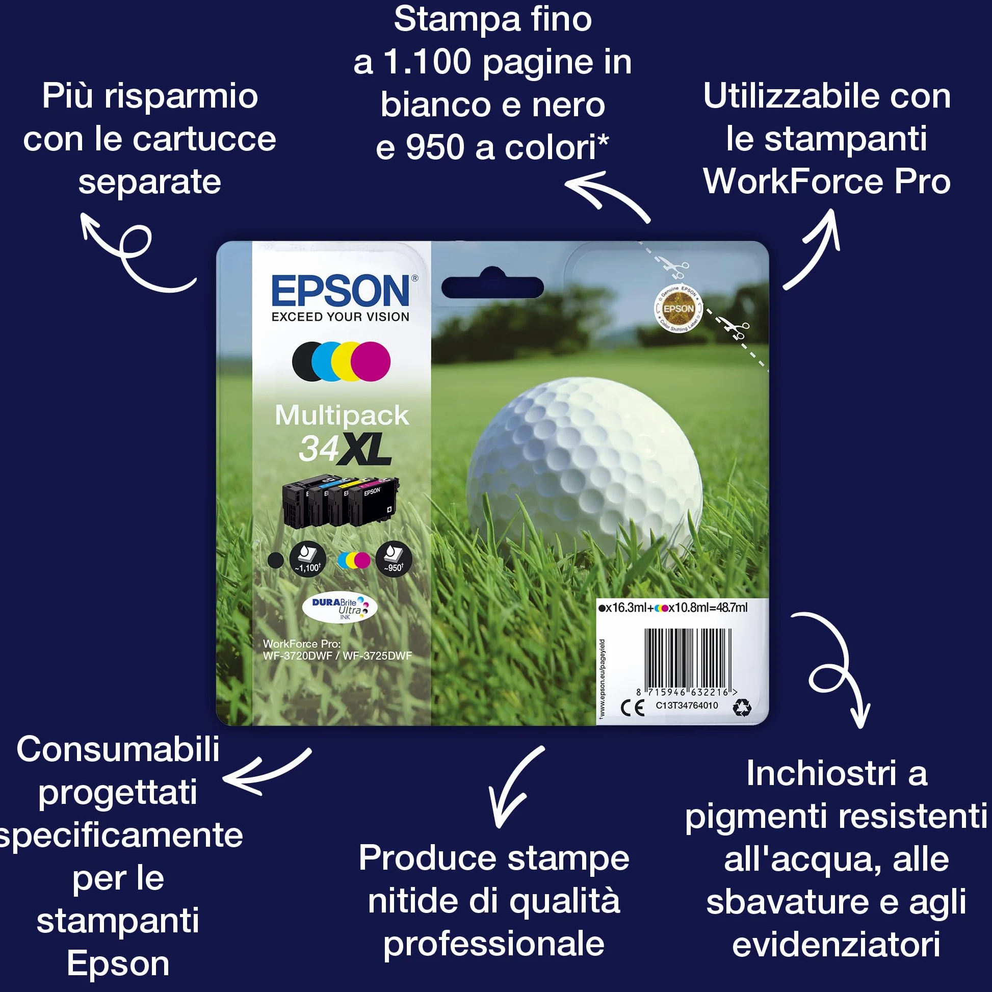 Epson 34 Serie Pallina da Golf, Cartuccia Originale Getto d'Inchiostro DURABrite Ultra, Formato XL, Nero