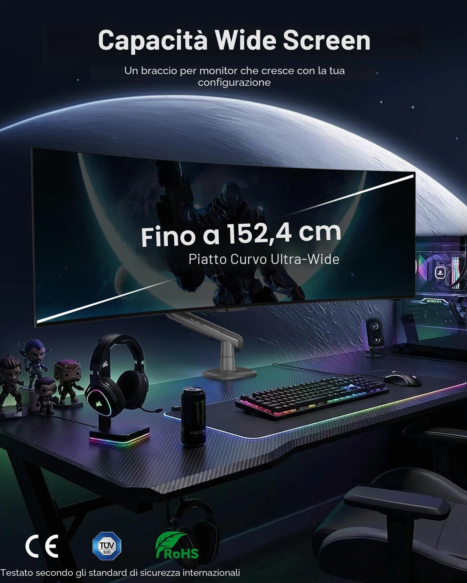 NB Ergonomic Braccio Monitor per da 32 a 60 Pollici Schermo Piatti Ultrawide Curvi, Supporto per Monitor Resistente Carico fino a 20 kg VESA 75&100 mm (Nero)