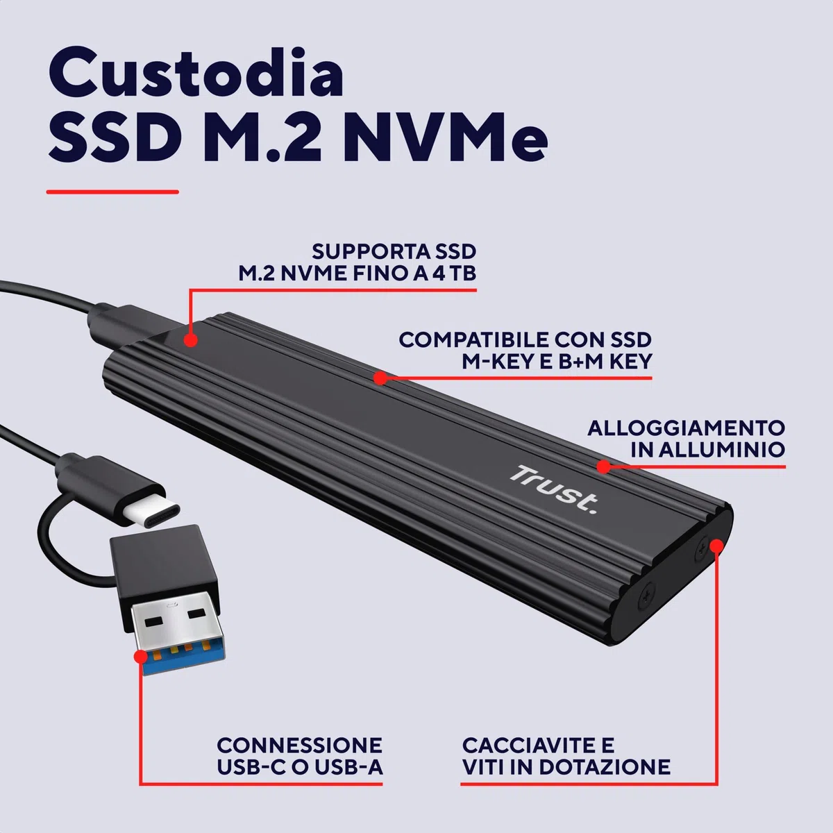 Trust Case SSD M.2 NVMe USB-C 10Gbps, Custodia Hard Disk Esterno 4TB, Compatibile con 2230 2242 2260 2280 FAT32/NTFS/EXT4/exFAT/APFS, Enclosure Portatile Adattatore SSD M2 NVMe USB M / M & B Key