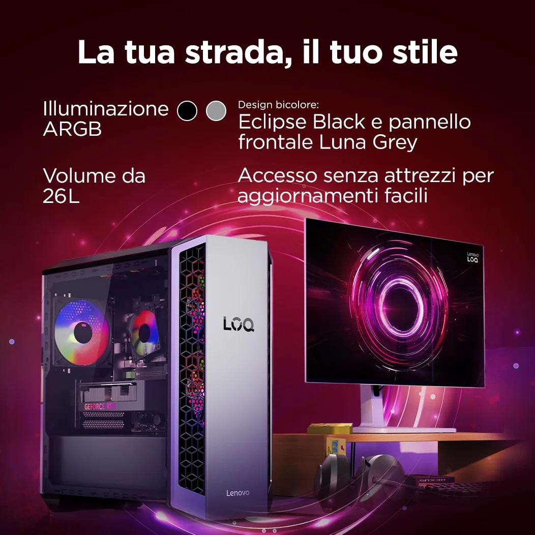 Lenovo LOQ Gaming Desktop 26L - (Processore AMD Ryzen 7-8745HX, RAM 2x8GB, Memoria 1 TB SSD, NVIDIA GeForce RTX 5070 12GB GDDR7, Windows 11) -Luna Grigio+Eclipse Nero - Esclusiva Amazon