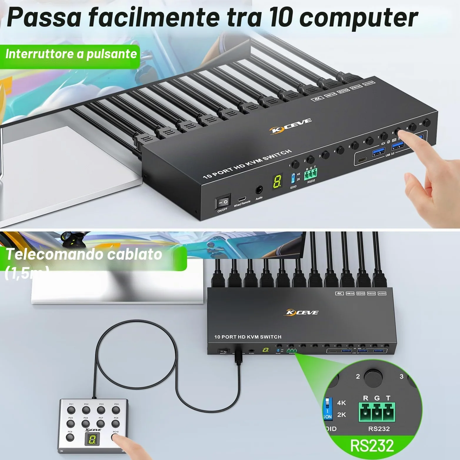 10 Porte 8 Porte KVM Switch HDMI 4K@60Hz Simulazione EDID, USB 3.0 10 PC Switch KVM Condividono 1 Monitor e 4 Dispositivi USB, Audio, RS232, Dotato Cavo Remoto, Alimentazione 12V e 10*Cavo USB