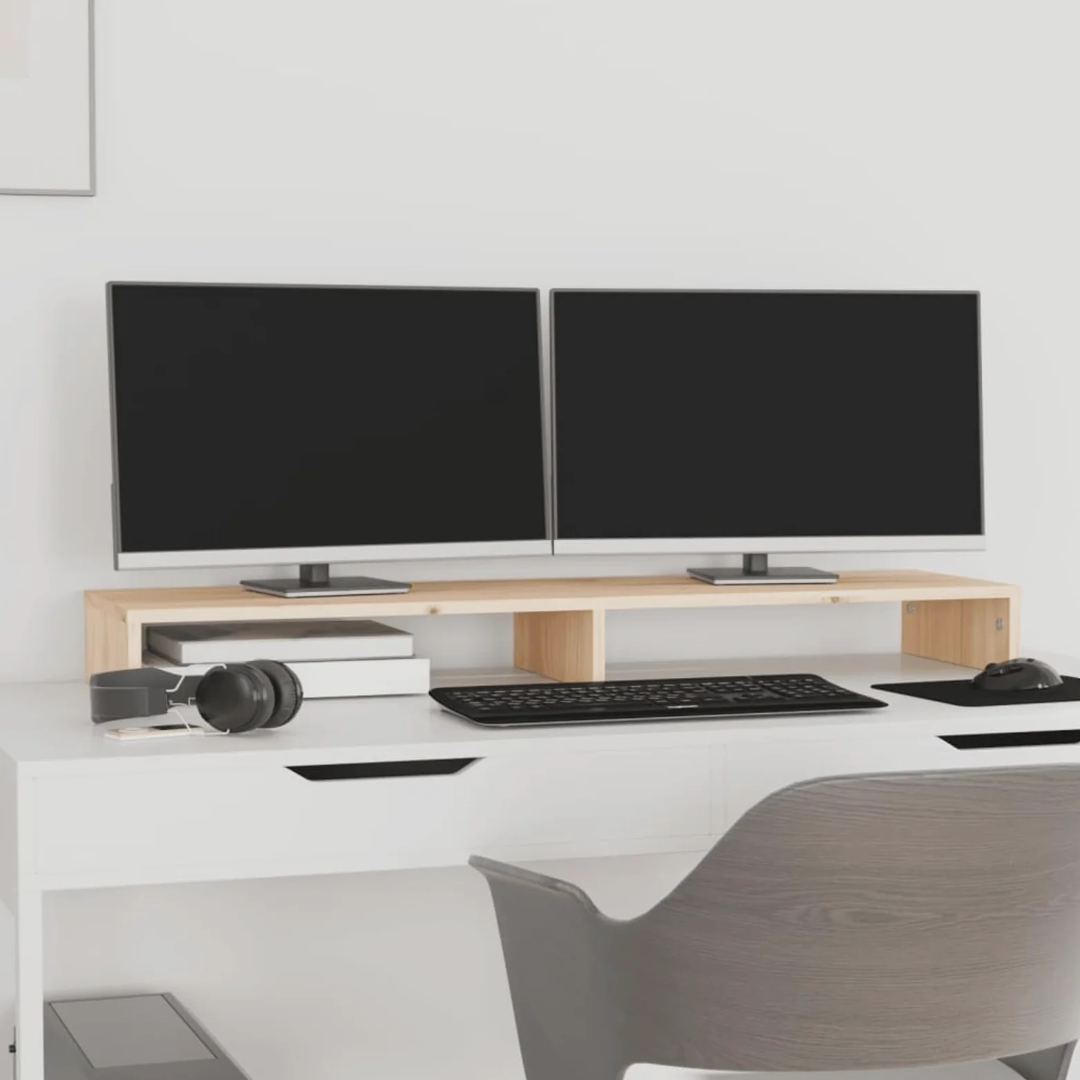Supporto per monitor, 100 x 27 x 10 cm, in legno massello di pino | Legno di pino massiccio, robusto telaio in legno, altezza ergonomica del monitor, spazio per tastiera e dispositivi