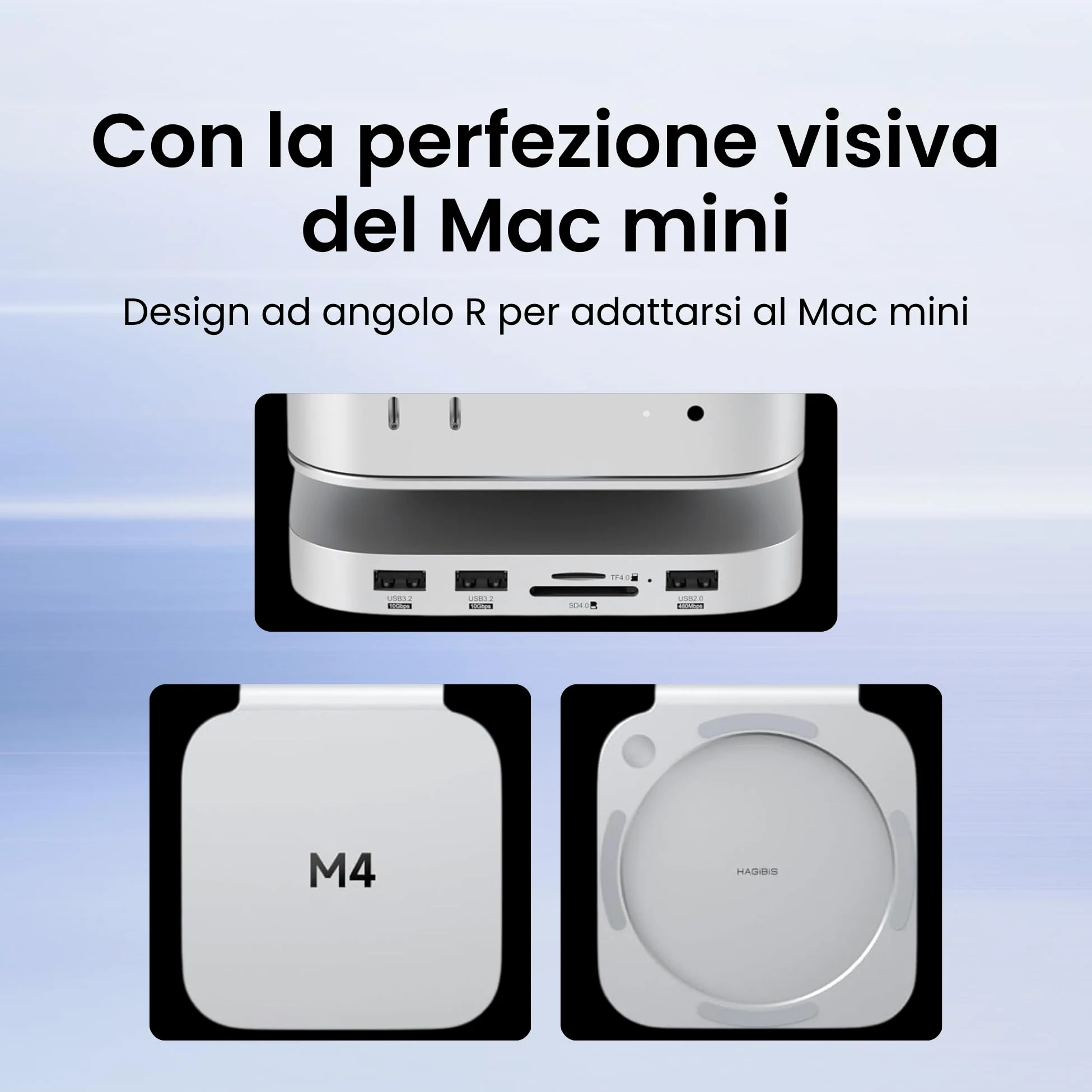 Hagibis Hub e Supporto per Mac mini M4 con alloggiamento SSD, docking station USB-C 3 in 1 con case SSD M.2 NVMe, USB 3.2 Gen2 10 Gbps, SD 4.0, TF 4.0, alimentazione 5V/2A per M4 Pro (MC60)