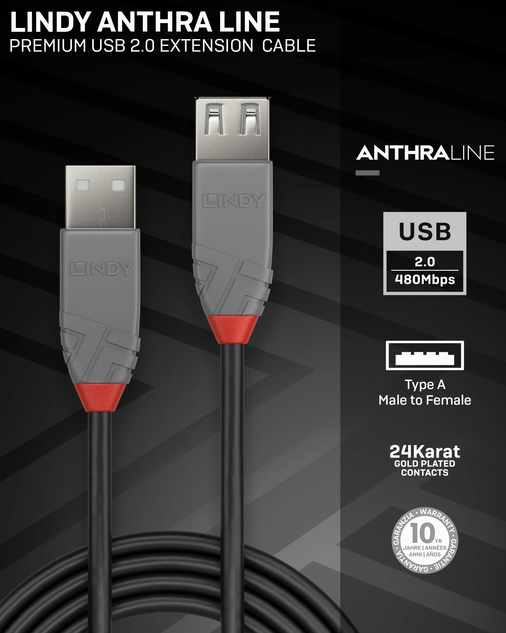 Lindy - Cavo Prolunga USB 2.0 Anthra Line 3 Metri, Connettore USB Tipo A Maschio a Femmina, velocità di Trasferimento Dati Speed Fino a 480Mbps per Tastiera, Stampante, Fotocamera, Hard Disk