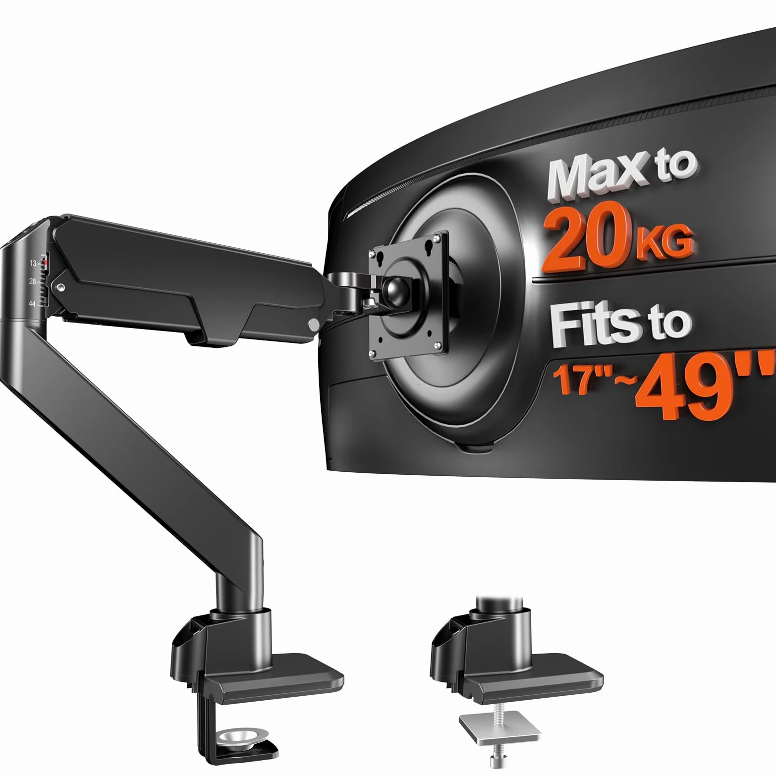Supporto Monitor 17–49 Pollici – Braccio Monitor a Gas Regolabile in Altezza, Inclinabile e Ruotabile per Schermi Piani e Curvi fino a 20 kg – VESA 75/100 mm, Fissaggio su Scrivania, Nero