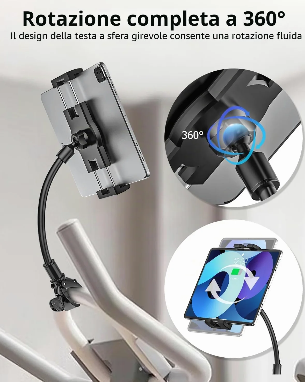 Supporto Tablet Bici Spinning, Porta iPad Bicicletta Cyclette Tapis Roulant | con Collo Oca in Metallo, per iPad Pro 12.9, 10.5, 9.7, iPad Air Mini, Samsung Tab, iPhone 4-13" Telefonos Tablets