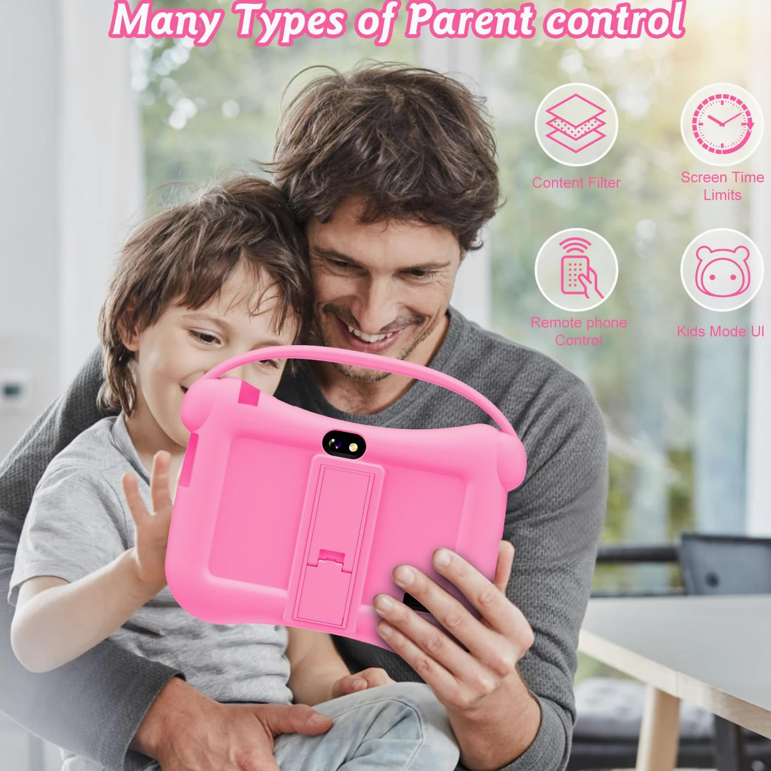 Tablet Educativo per Bambini 7 Pollici Android Tablet Bambini con WiFi Bluetooth Doppia Fotocamera 32GB ROM Controllo Parentale Custodia Protettiva (Magenta)