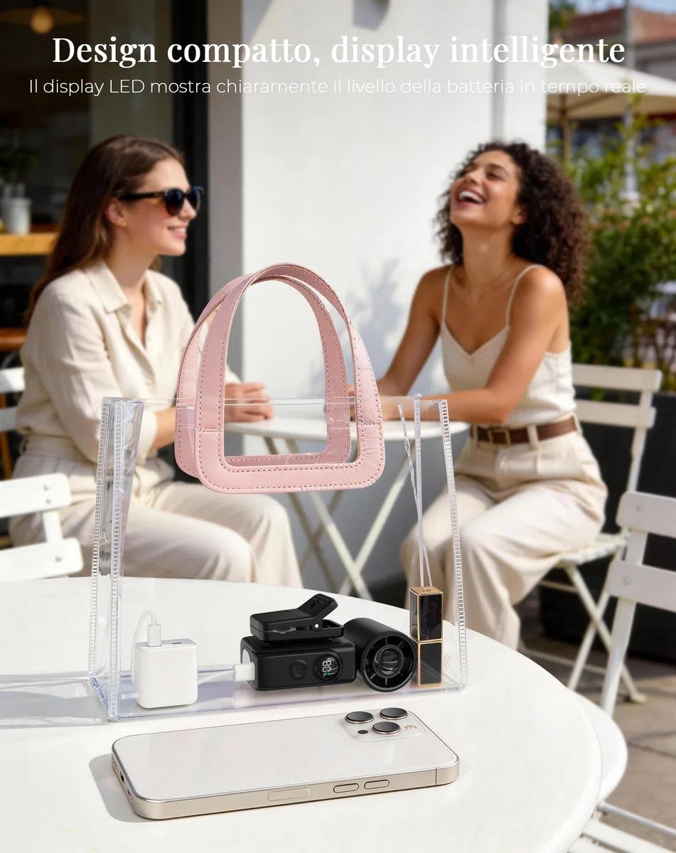 Ventilatore a Mano Portatile, Mini Ventilatore USB Ricaricabile, 4 Velocità, Alta Velocità Fino a 13500 Giri/Min, Con Clip, Display LED, Per Interni, Esterni e Viaggio