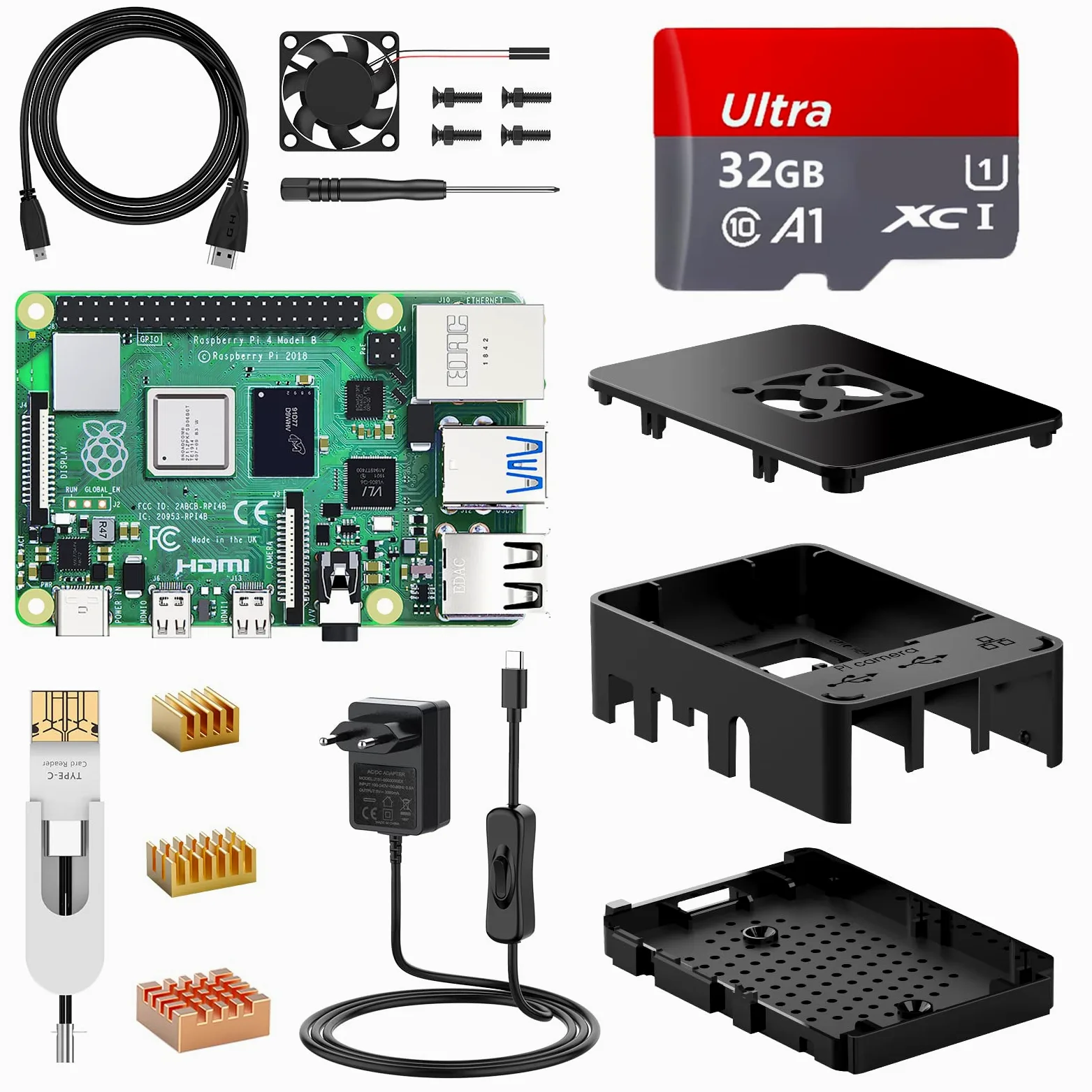 Raspberry Pi 4 Modello B Starter Kit, RPi Barebone 2GB RAM + ROM32GB, Alimentatore 5.1V / 3A con Interruttore, Ventola, dissipatore di calore, 2 cavi Micro HDMI