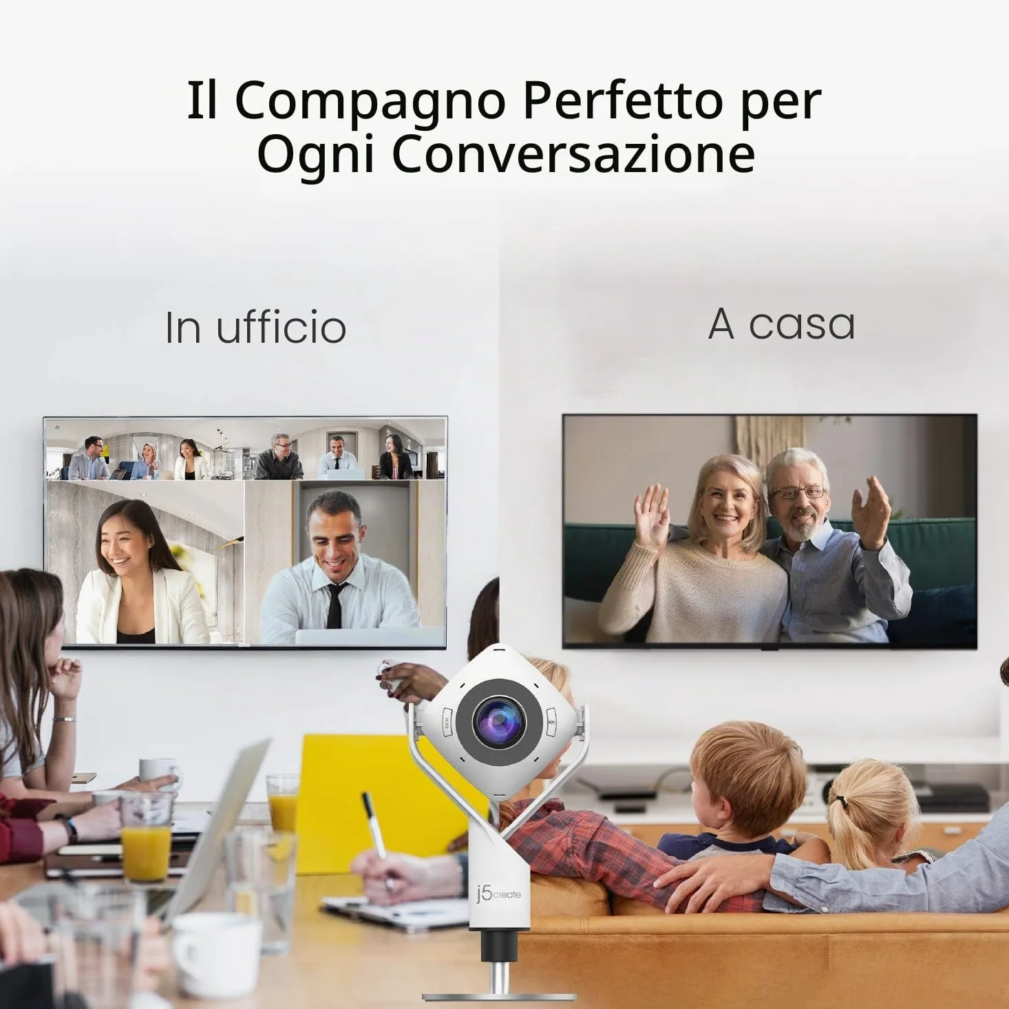 j5create Webcam per riunioni a 360 gradi - Videocamera per videoconferenze HD 1080P con microfono ad alta fedeltà, USB-C | per videoconferenze, lezioni online e collaborazione (JVCU360)