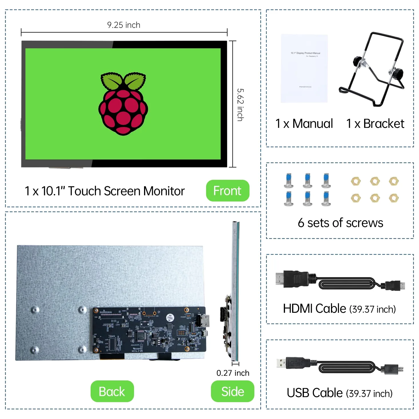 HAMTYSAN Raspberry Pi Touch Screen, schermo da 10,1 pollici 1024x600 piccolo monitor HDMI portatile con supporto, display IPS per Raspberry Pi 400/4/3/2/Zero/B/B+ Jetson Nano Win 11/10/8/7