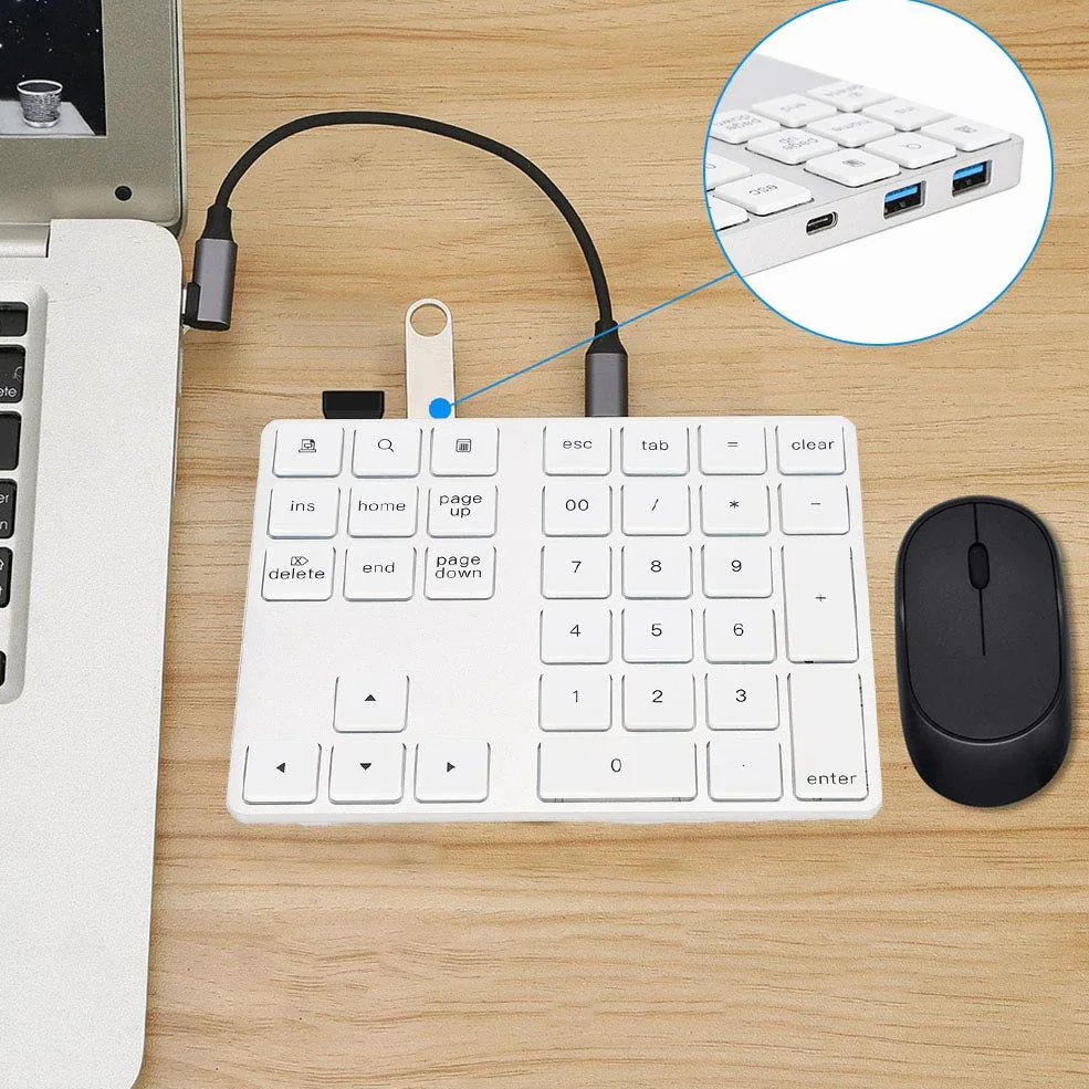 Tastiera Numerica Wireless, Tastierino Numerico Portatile a 34 Tasti con HUB Type-C USB 3.0 per Android(Argento)