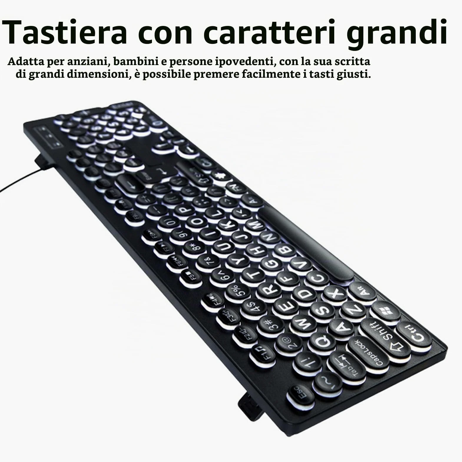 Tastiera Retroilluminata con Caratteri Grandi, Tastiera Illuminata per Anziani o Ipovedenti, Tastiera USB a 104 Tasti con Lettere Oversize