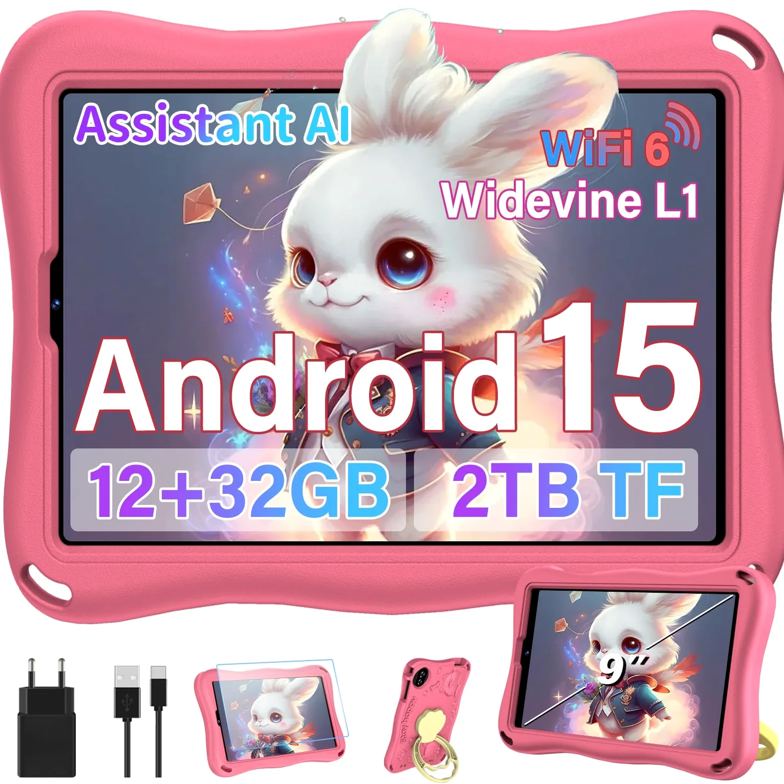 Tablet 9 Pollici Android 15 con Gemini AI, 32GB ROM + Espandibile 2TB, Octa-Core, Widevine L1, WiFi 5G,1340 x 800, BT5.0, Fotocamere 8MP/5MP, 5000mAh, Tablet con controllo parentale – Rosa