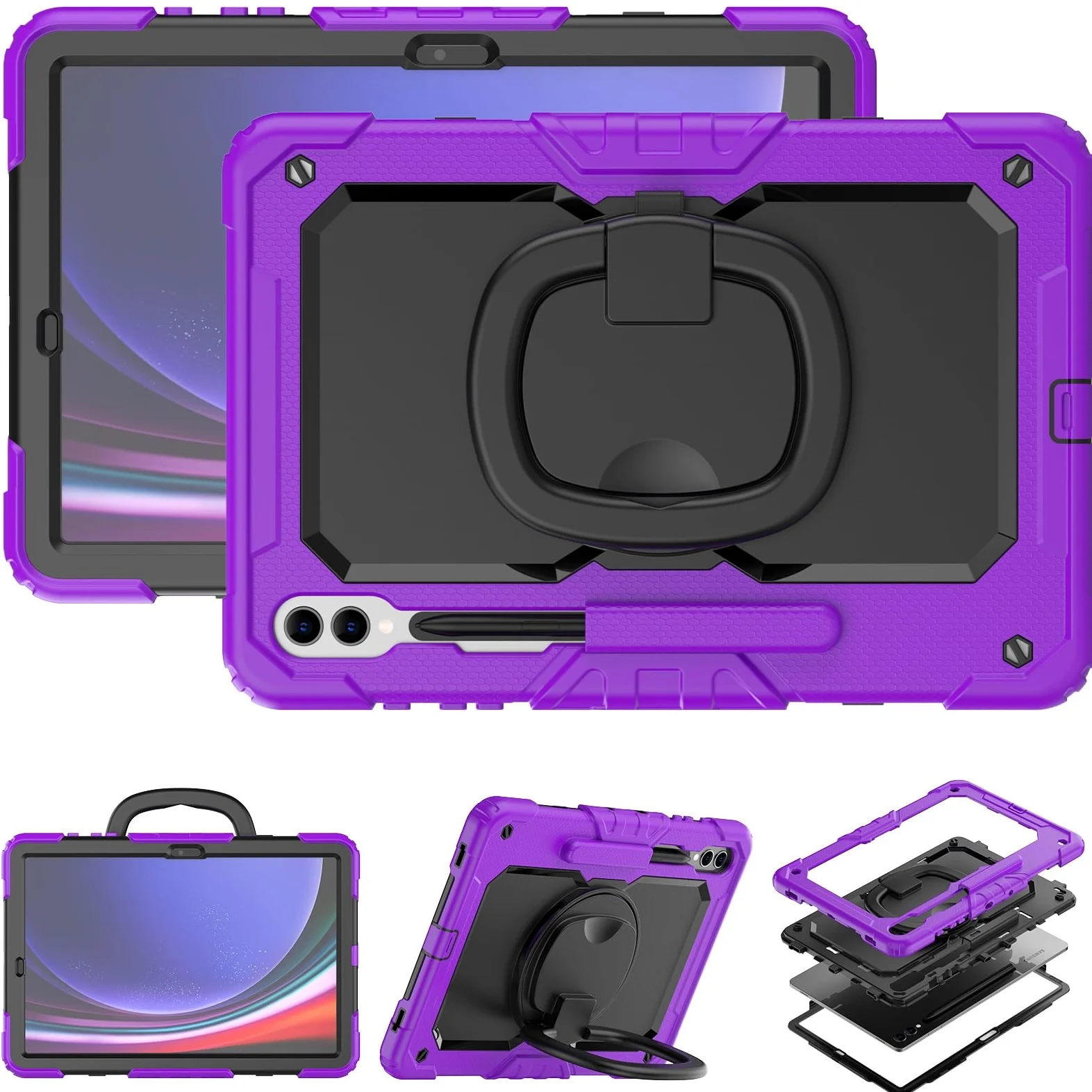 Custodia in TPU Resistente e Antiurto For Samsung Galaxy Tab S10 Plus 12.4" 2024 SM-X820/X826B/X828U For Bambini, Maniglia Girevole a 360 Gradi Staffa di Supporto W Protezione Schermo+Tracolla(Mor)