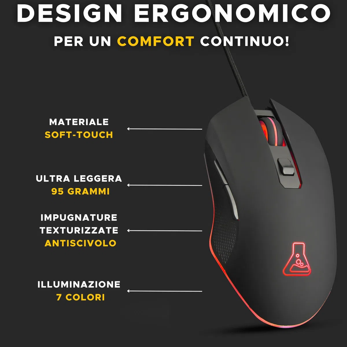 THE G-LAB - Kult Helium Pro - Mouse Gaming con Filo - Mouse da Gaming USB - Sensore Ottico Regolabile 12800 DPI, Illuminazione LED 7 Colori, Mouse Gamer Silenzioso a 6 Pulsanti - PC/PS4/PS5/Xbox