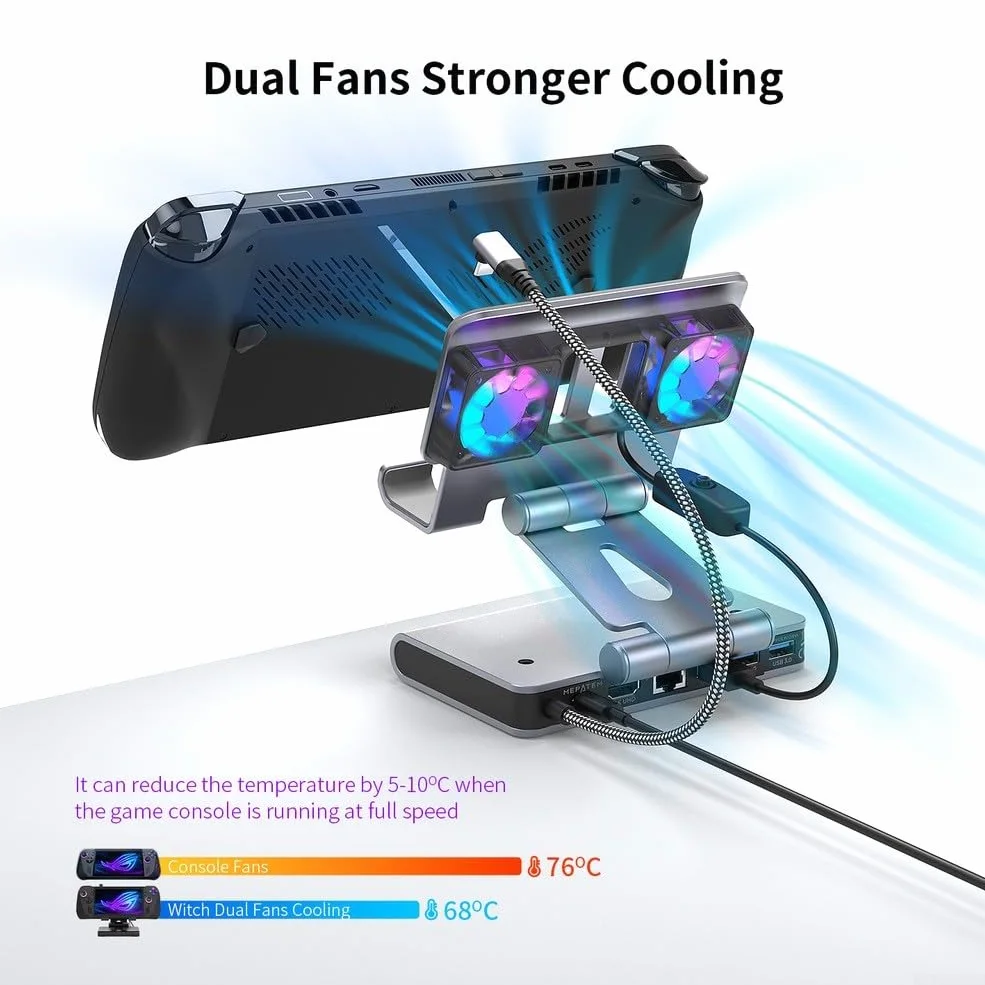 Raffreddamento palmare 4K a 60Hz con Gigabit Ethernet per OneXPlayer per apex per Steam Deck Switch per Legion Go - Supporto regolabile Dual Fan Base (Grigio)