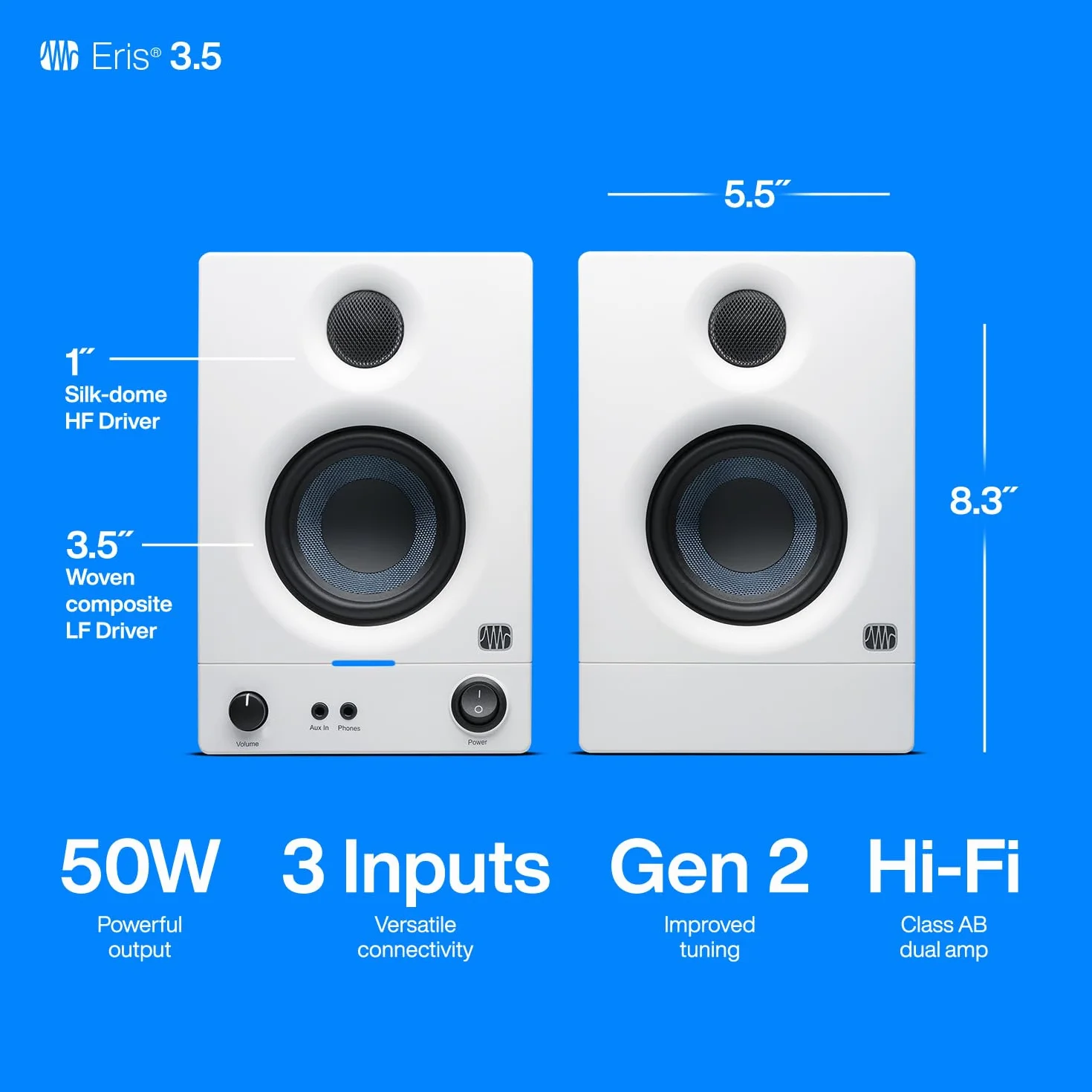 PreSonus Eris 3.5 Gen 2, Altoparlanti Attivi da Scrivania 3.5" per Multimedia, Gaming, Produzione Musicale di Qualità Studio, Potenza 50 W - Bianco