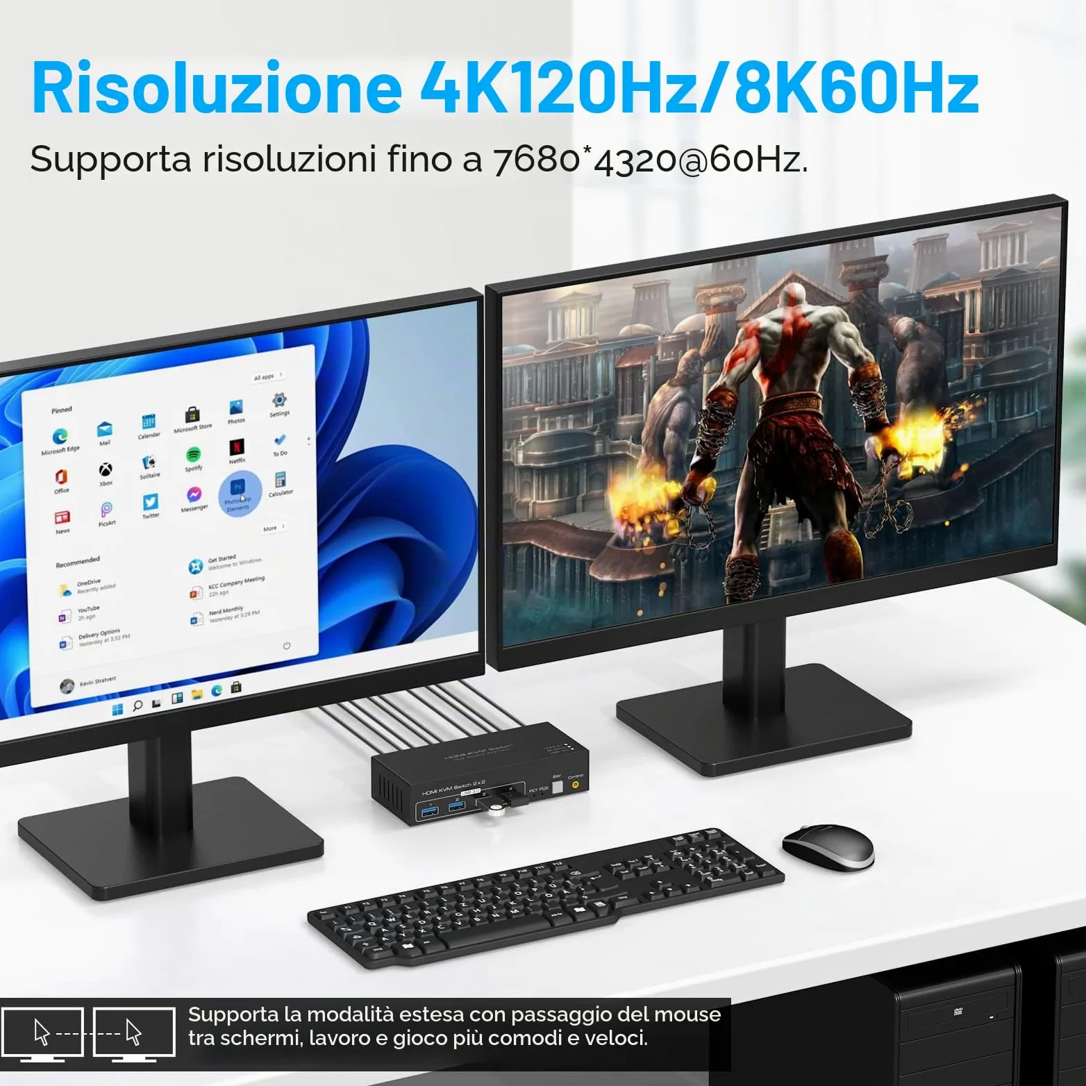 4K120Hz HDMI Interruttore KVM 2 PC 2 Monitor 8K60Hz Per KVM Switch 2 PC 2 schermi con 4 porte USB 3.0 Supporta il controllo dei cavi desktopInclude 2 cavi USB3.0