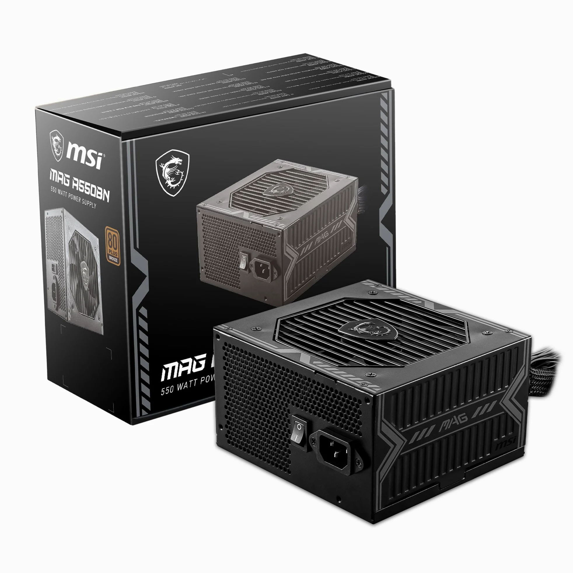MSI MAG A550BN: alimentatore da 550 W con spina EU, certificazione 80 PLUS Bronze, formato PSU ATX, rail singola da 12V, circuito DC-DC, ventola da 120 mm – garanzia di 5 anni