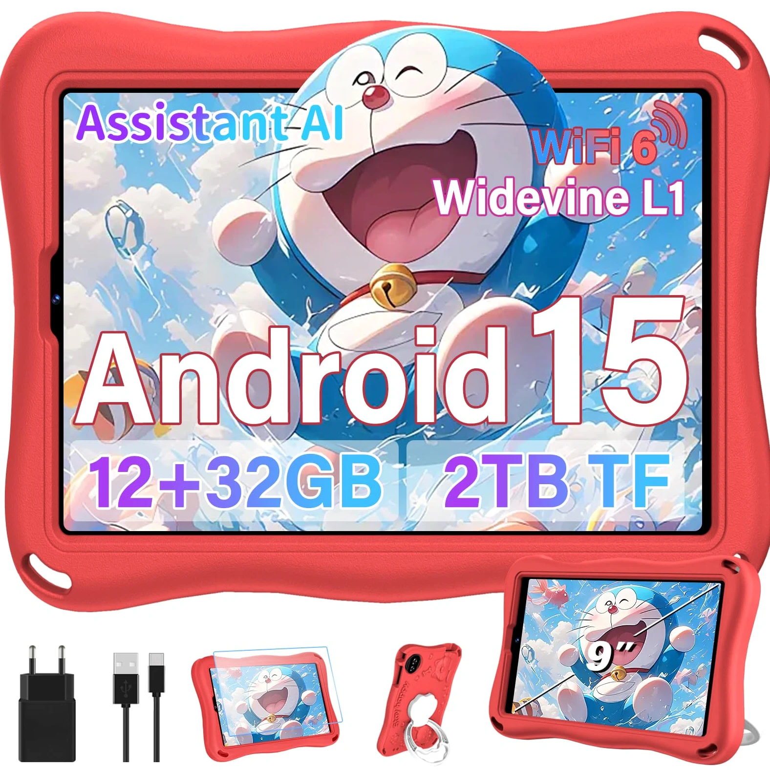 S11 Tablet per bambini 9 pollici Android 15 con 12 GB di RAM + TF 1 TB, 5G WiFi, Widevine L1, Octa-Core, 5000 mAh, controllo genitoriale, 1340 x 800, BT 5.0, per bambini con custodia Eva -Red