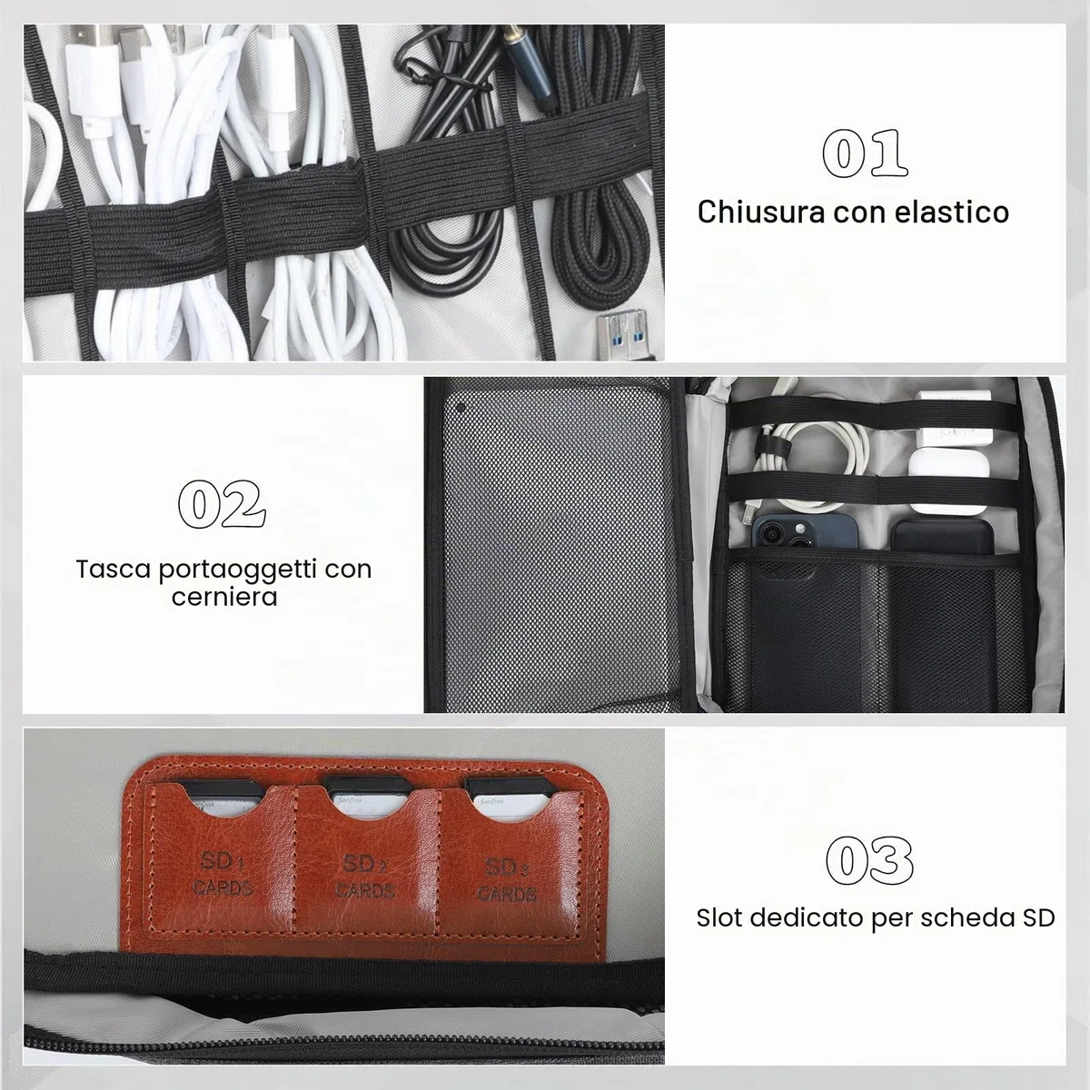 Cozary Organizzatore di Cavi, Organizer Viaggio per Accessori Elettronici, Organizer Cavi, Doppio Scomparto con 5 Cinghie, per Cavi USB, Schede SD, Caricabatterie, Disco Rigido