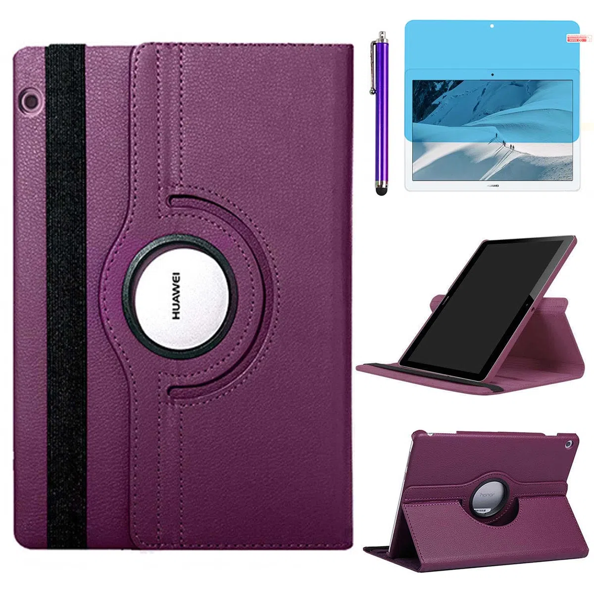 Custodia per Huawei MediaPad T3 10 Tablet 9.6 inch (AGS-W09 AGS-L09 AGS-L03) - Rotazione di 360 gradi Custodia protettiva completa per supporto,Con Penna Stilo, Pellicola Per Schermo (Purple)